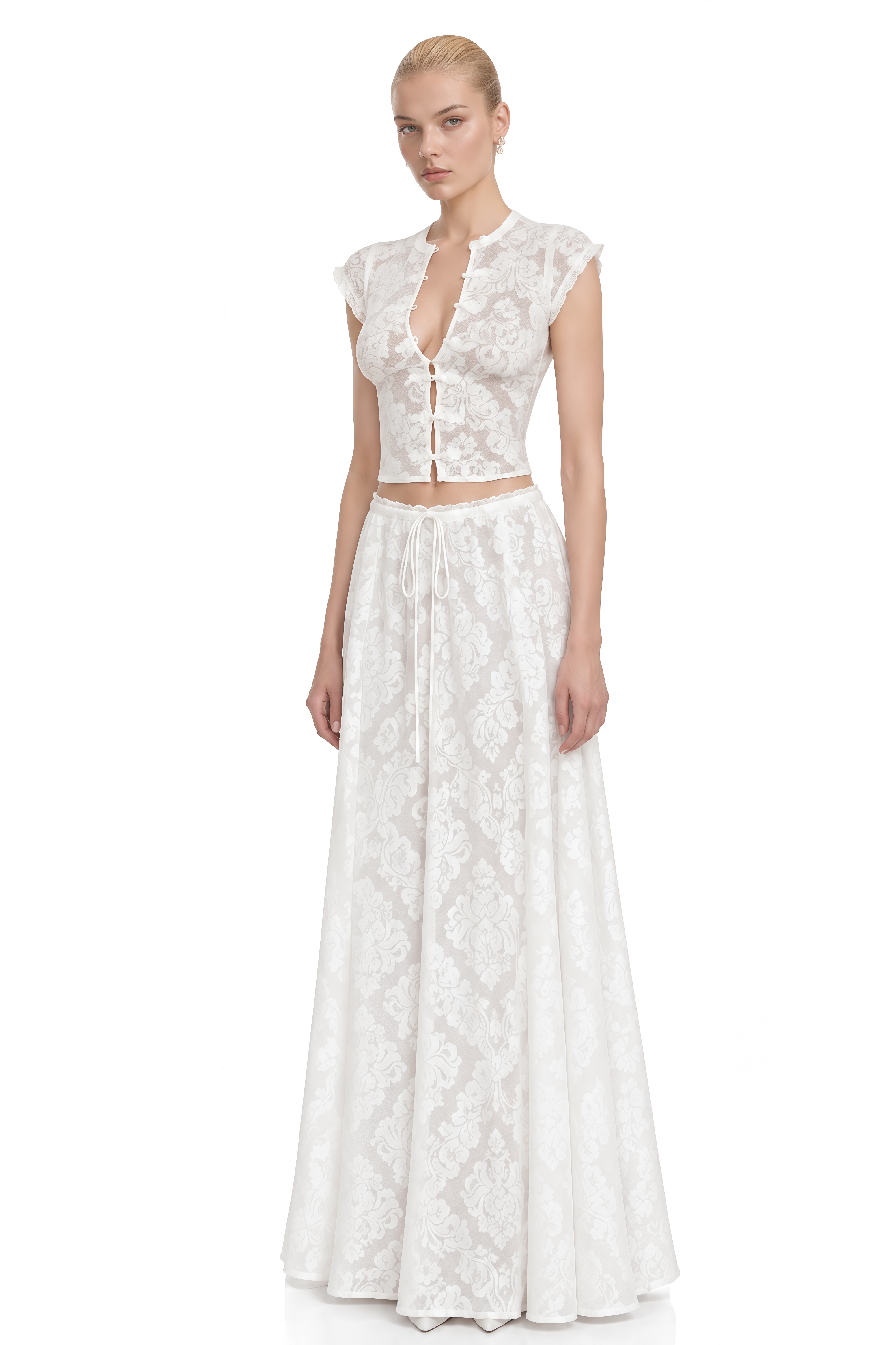 Grace White Round Neck Floral Top & Skirt Set