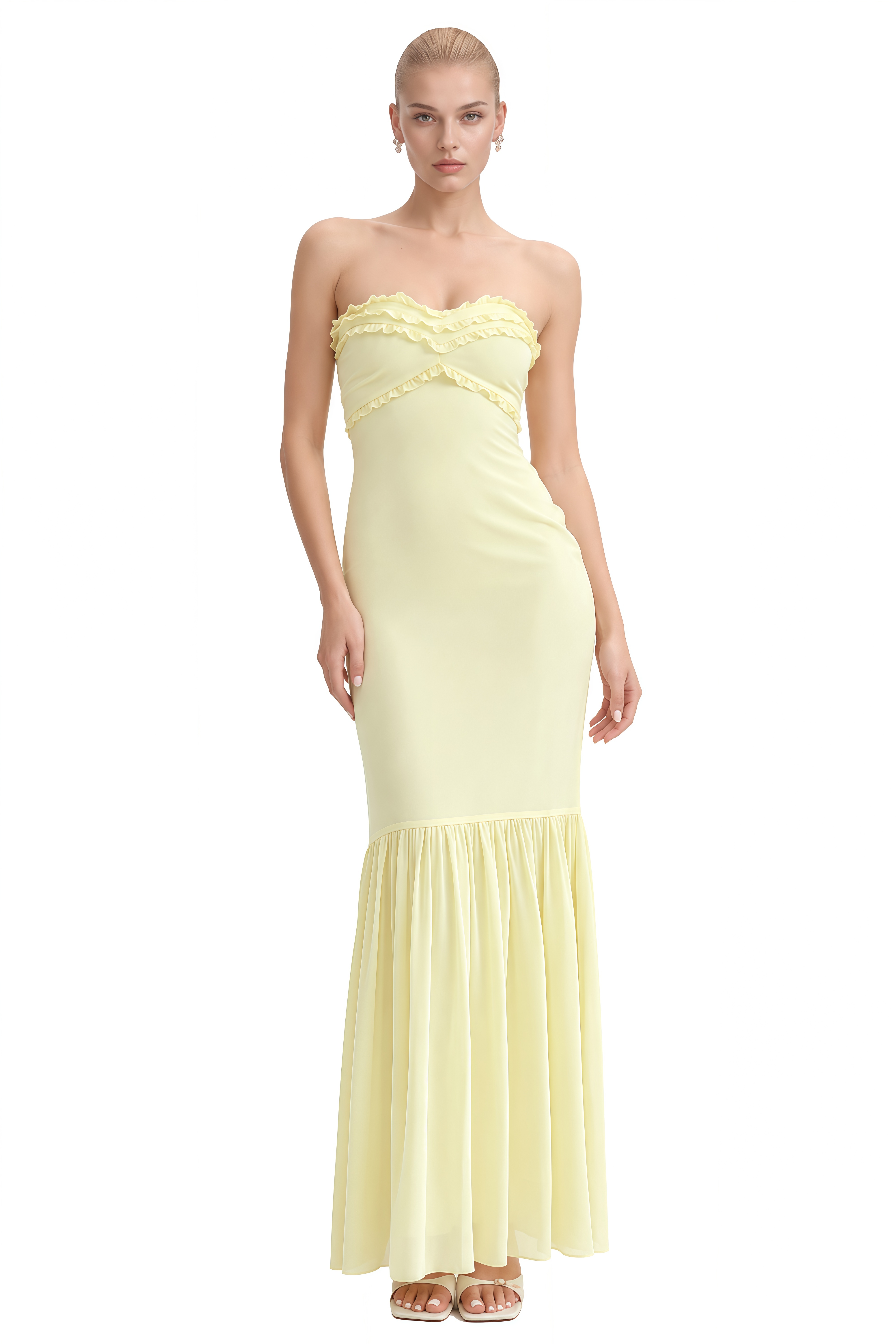 Eulalia Yellow Strapless Ruffled Maxi Dress