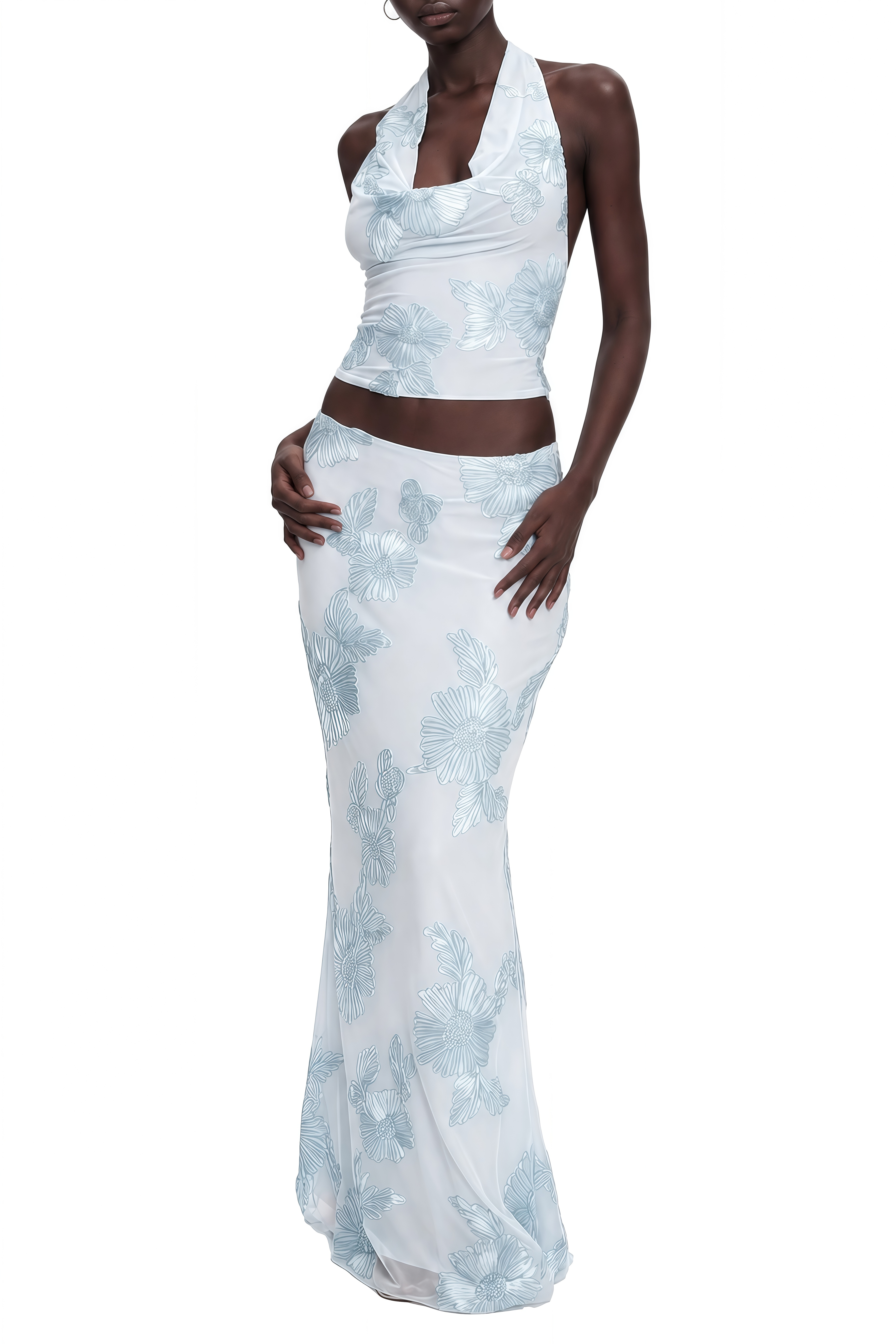 Bronte Light Blue Floral Embroidered Top & Skirt Set