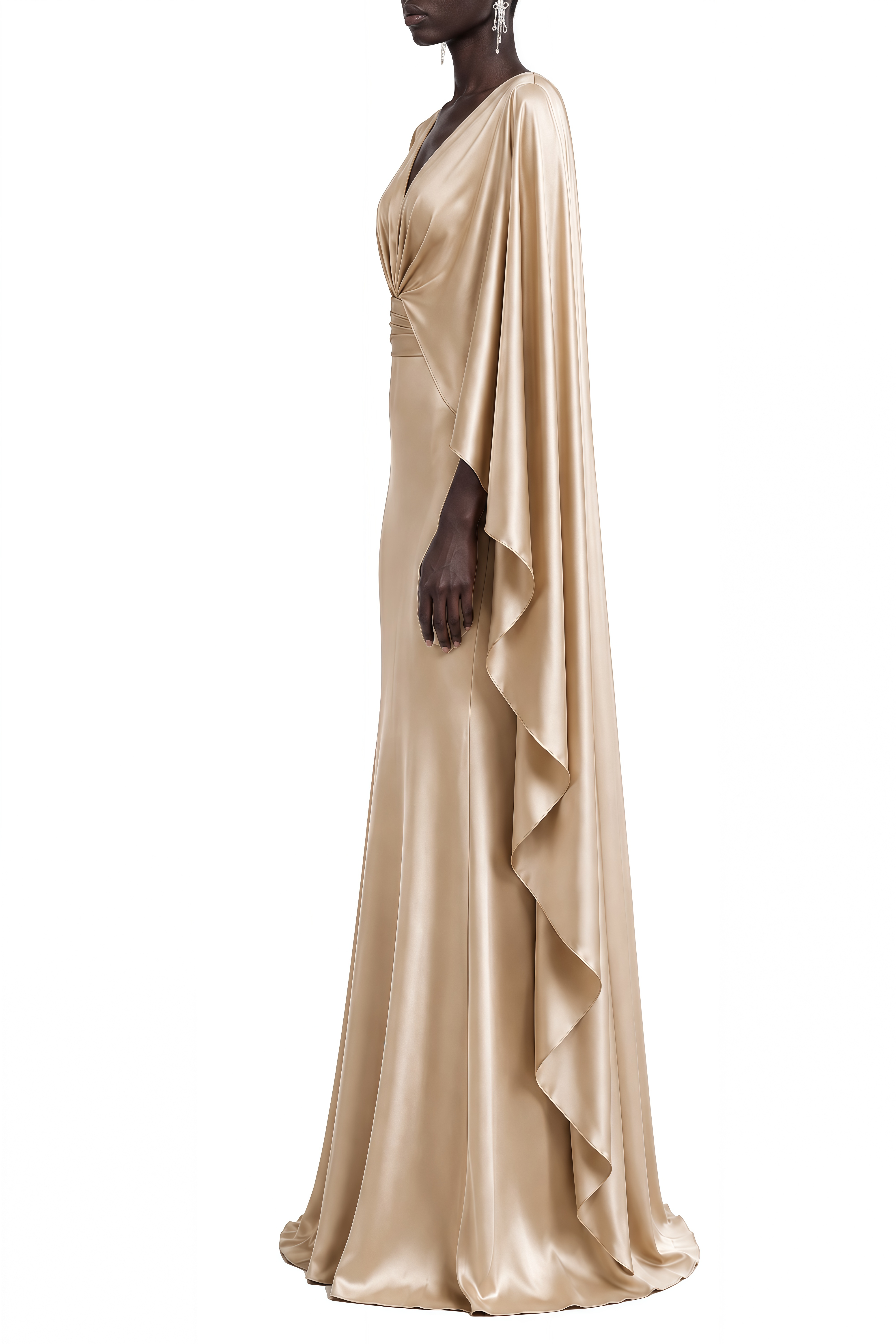 Elodie Champagne Cape sleeve Draped Maxi Dress