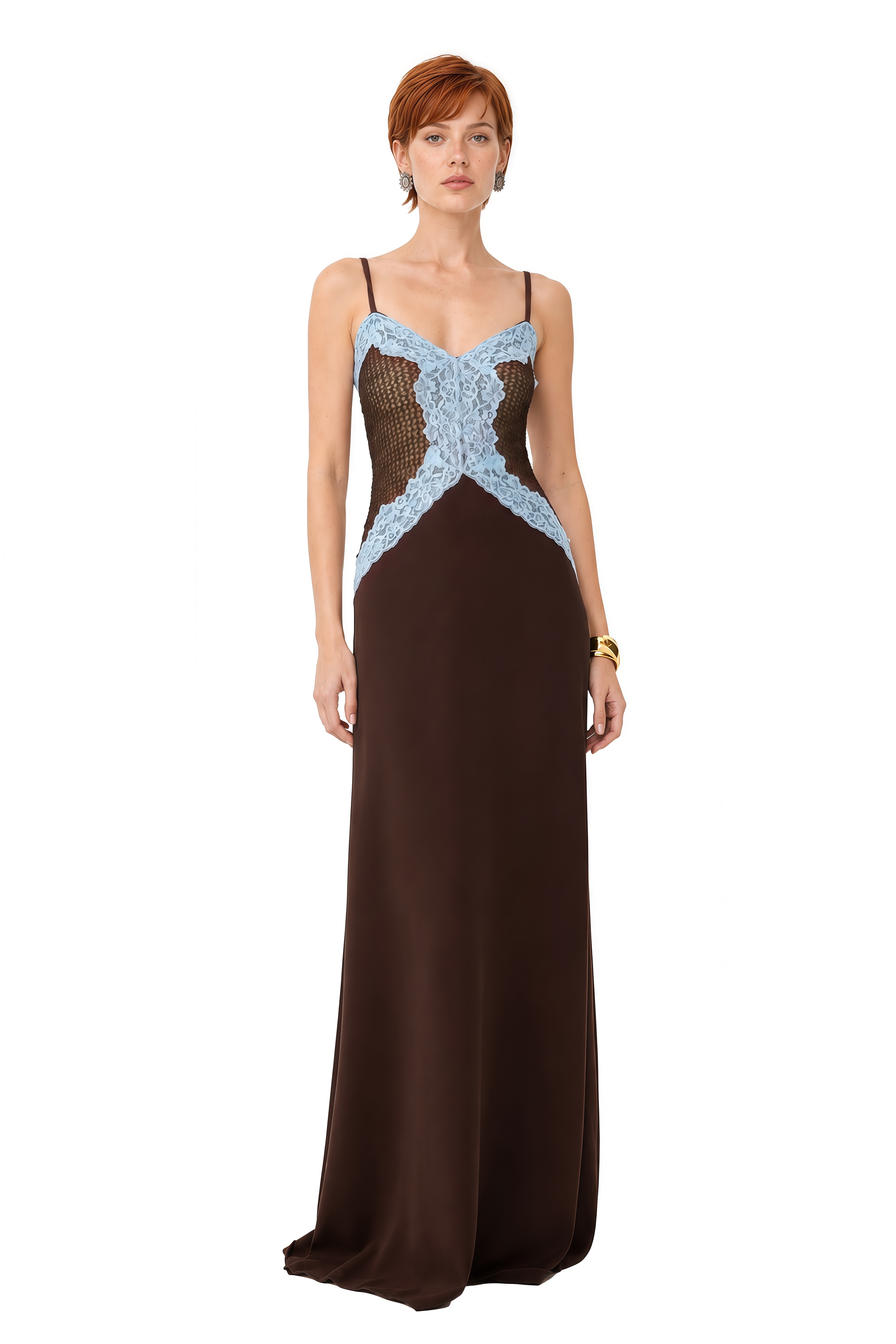 Rosalie Brown Sweetheart Neck Lace Maxi Dress