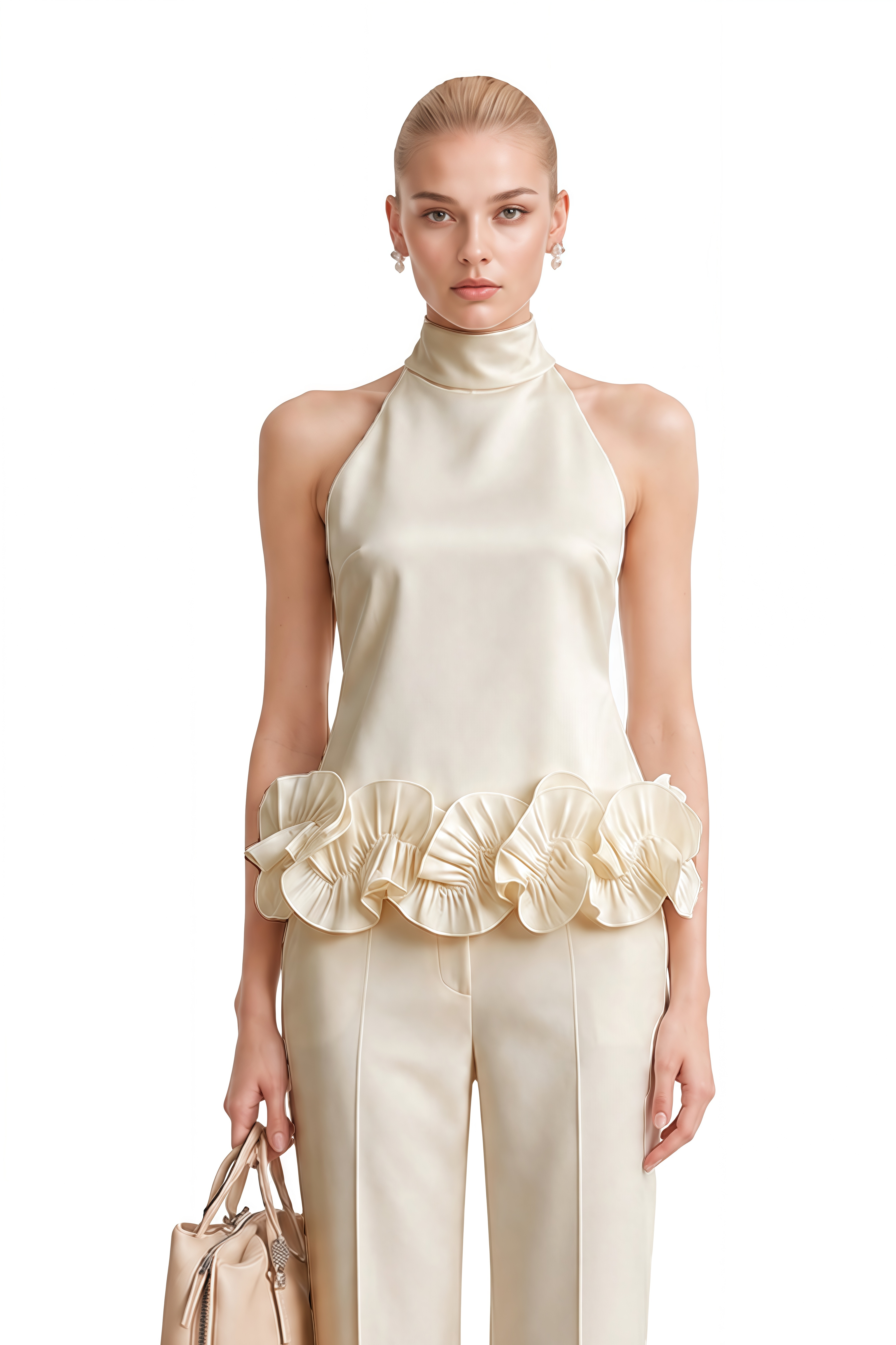 Vesper Ivory Turtleneck Ruffled Top & Trousers Set