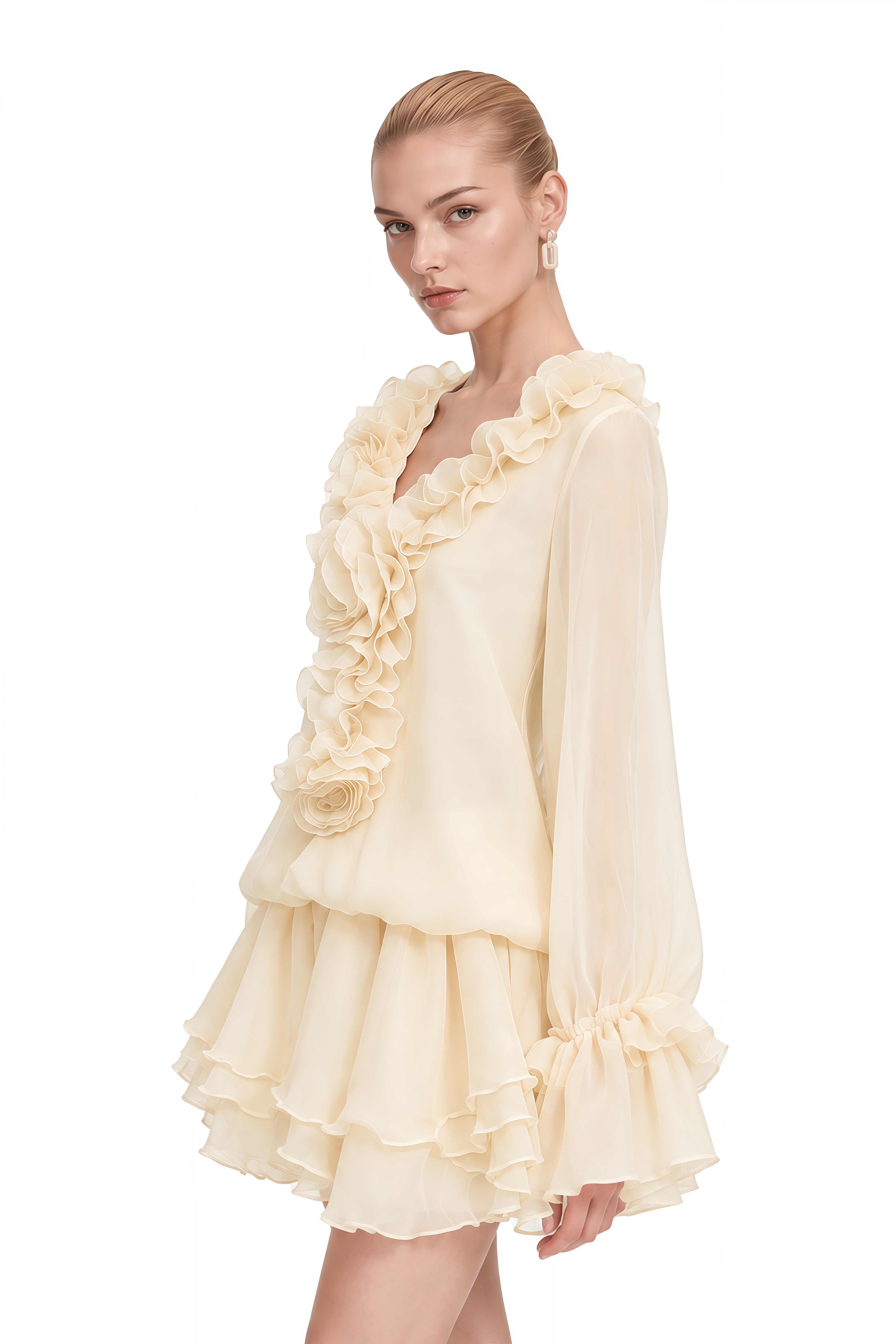 Clover Neutral 3D Floral Ruffled Mini Dress