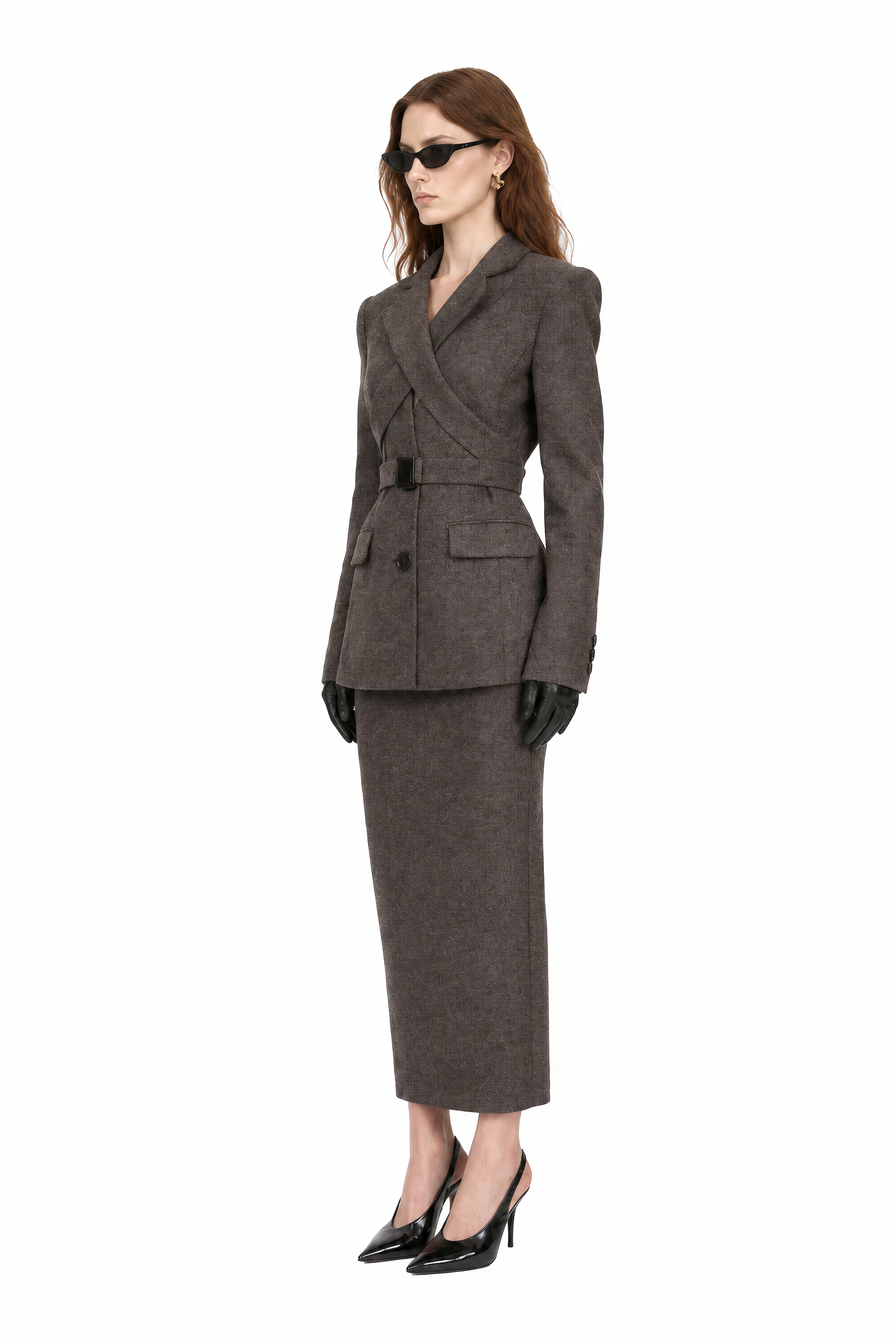 Charlotte Charcoal Brown Long Sleeves Slit Coat & Skirt Set