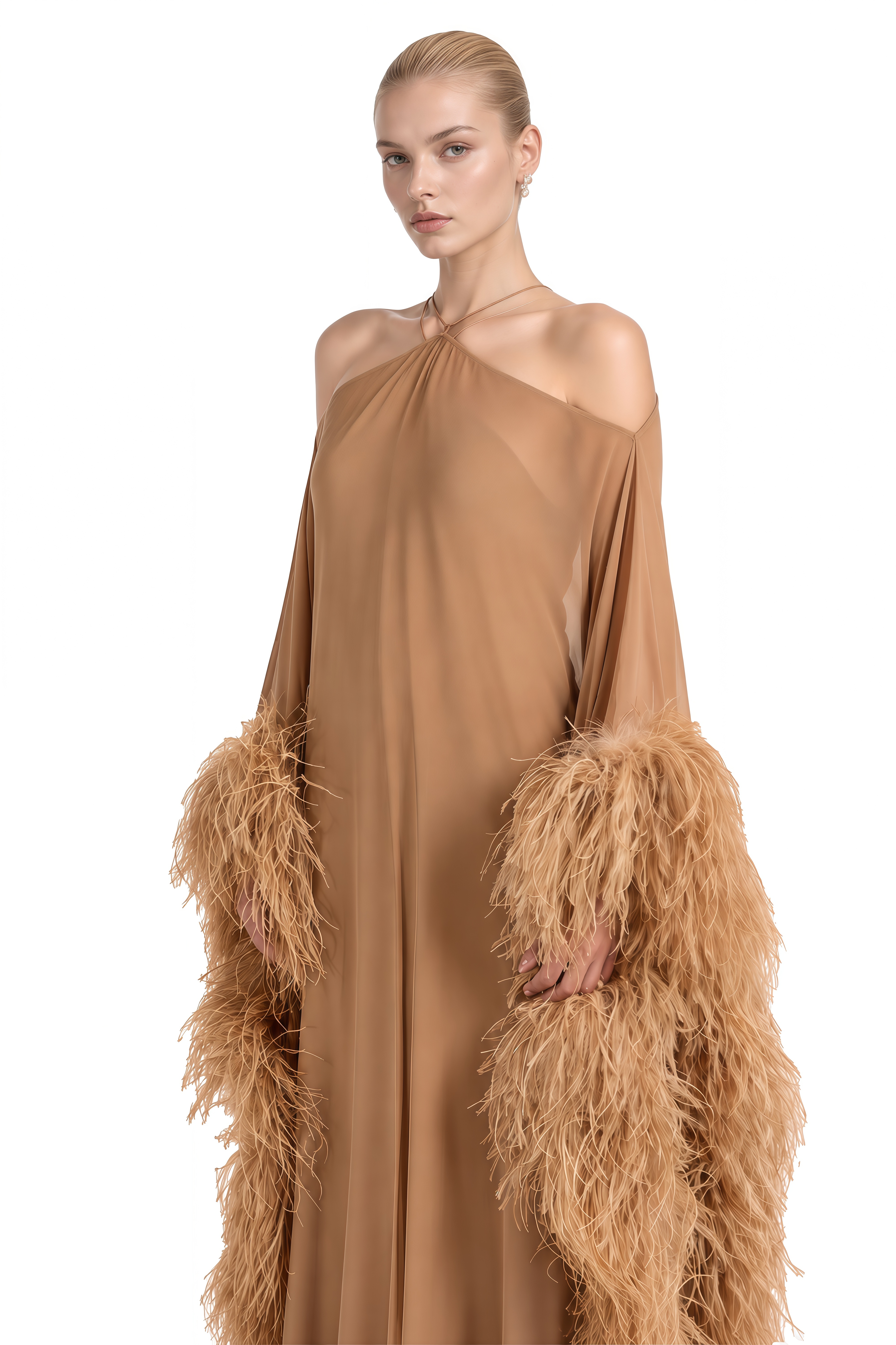 Cecilia Brown Halterneck Feather-Hem Maxi Dress