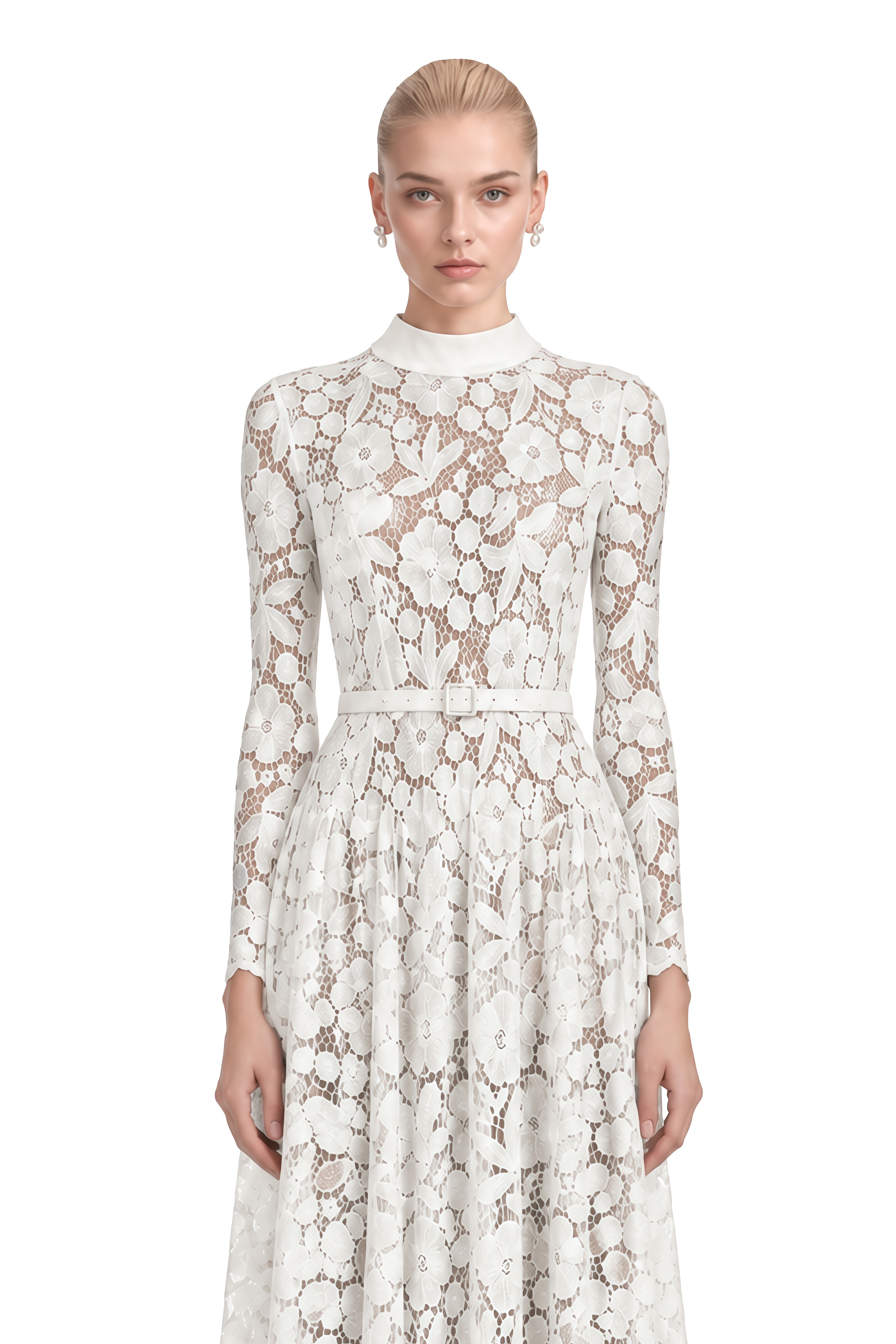 Thalia White Turtleneck Floral Lace Midi Dress