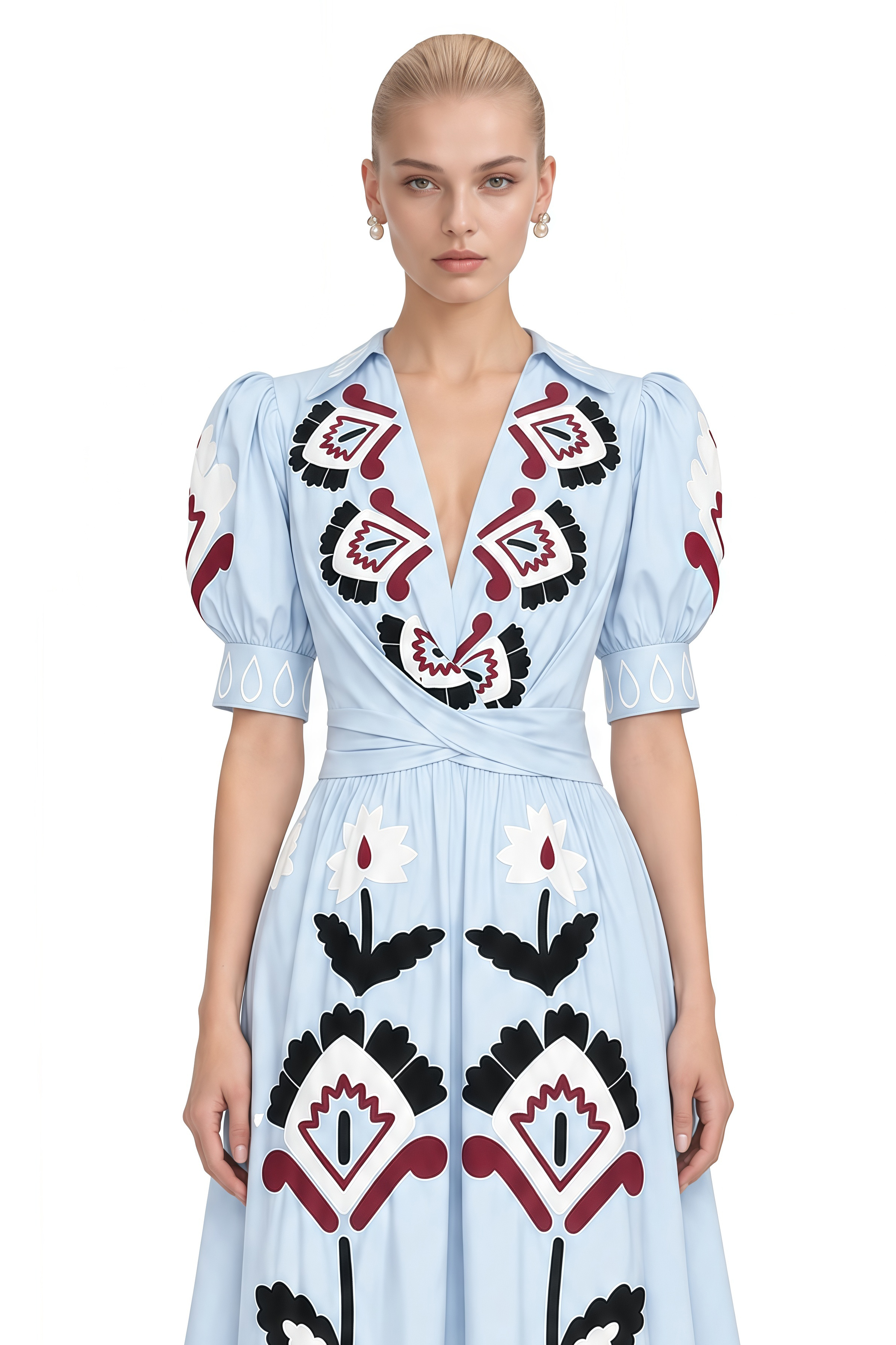 Noelle Light Blue V-Neck Contrast Printed Maxi Dress