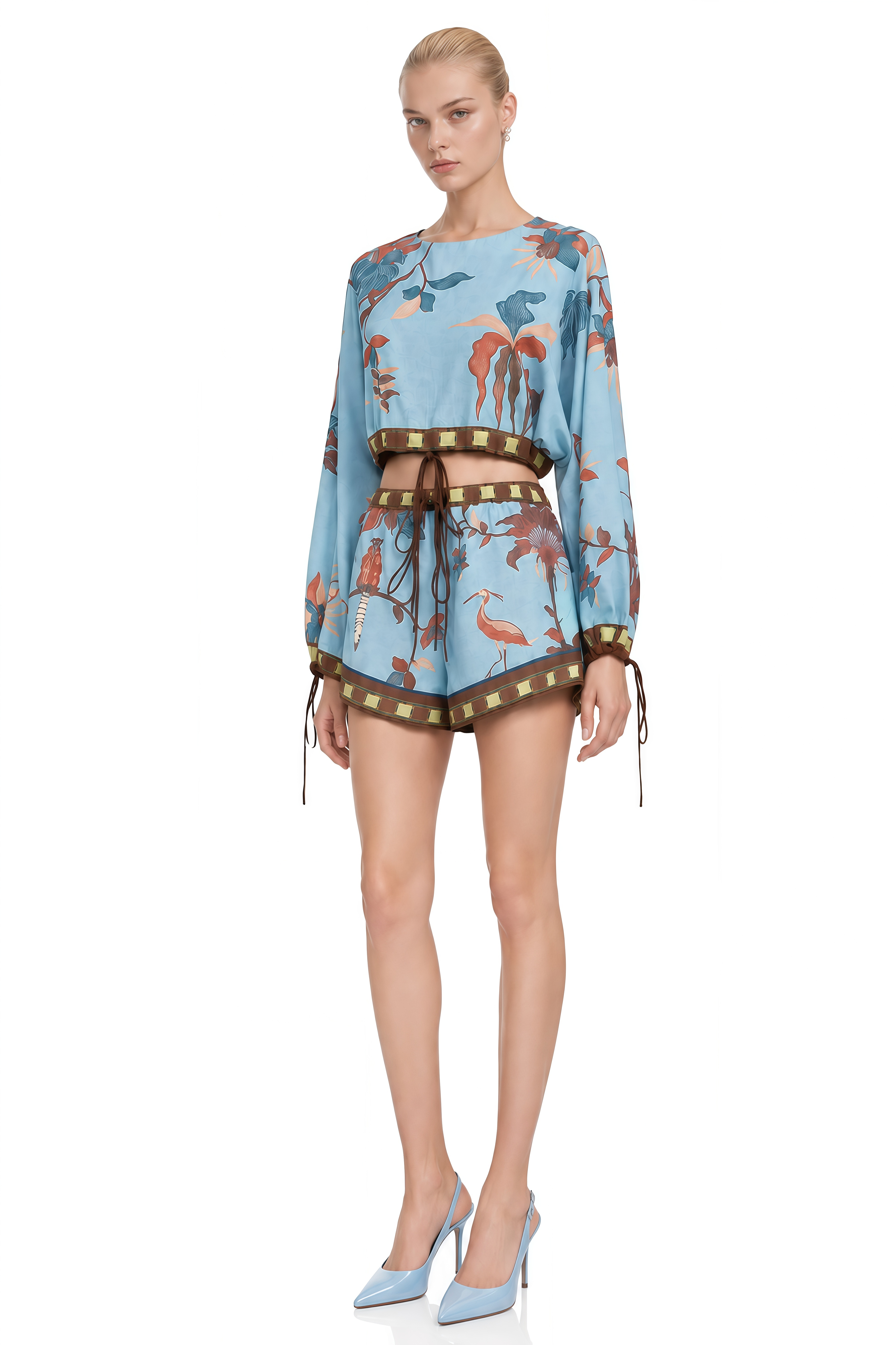 Viola Blue Round Neck Printed Top & Shorts Set