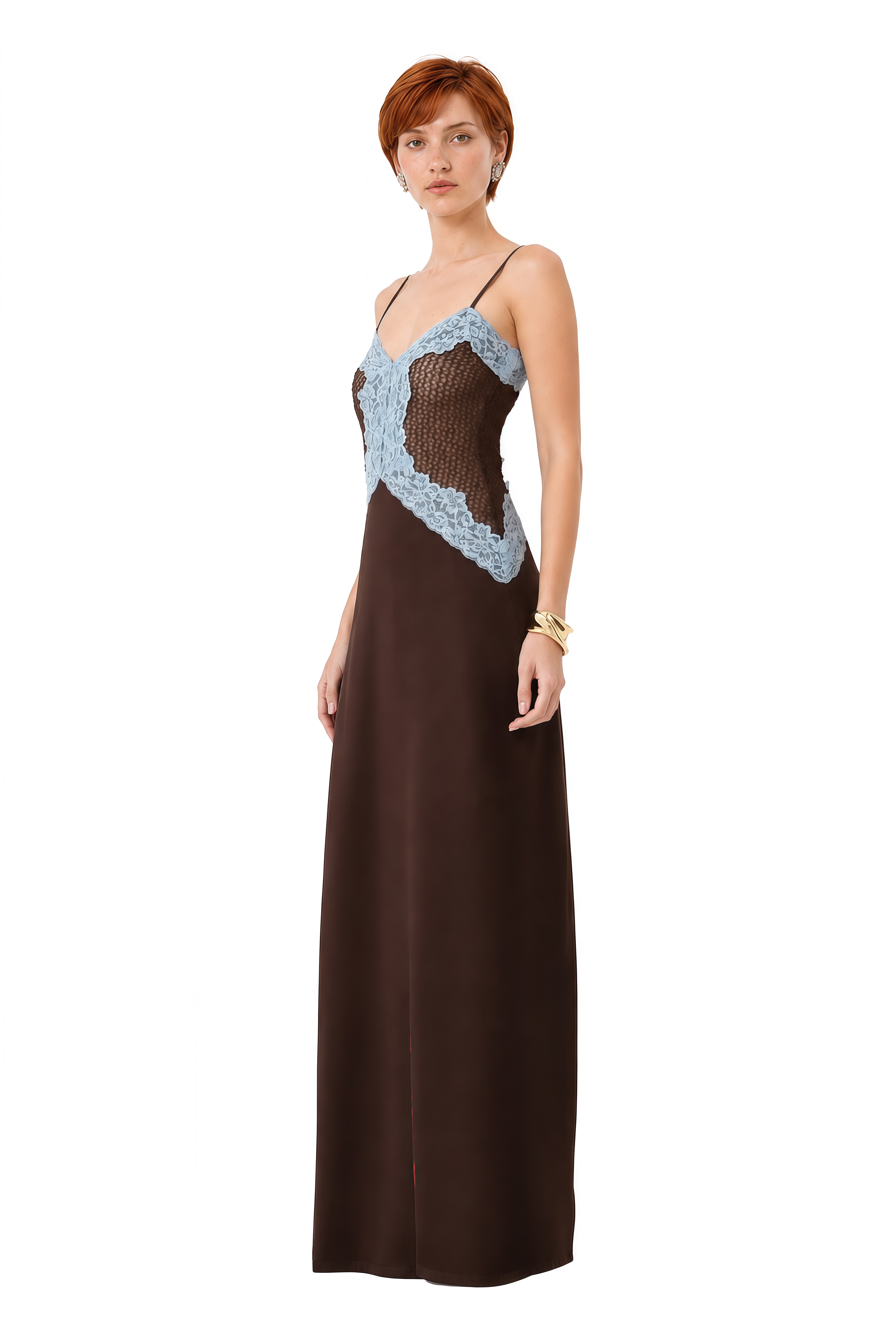 Rosalie Brown Sweetheart Neck Lace Maxi Dress