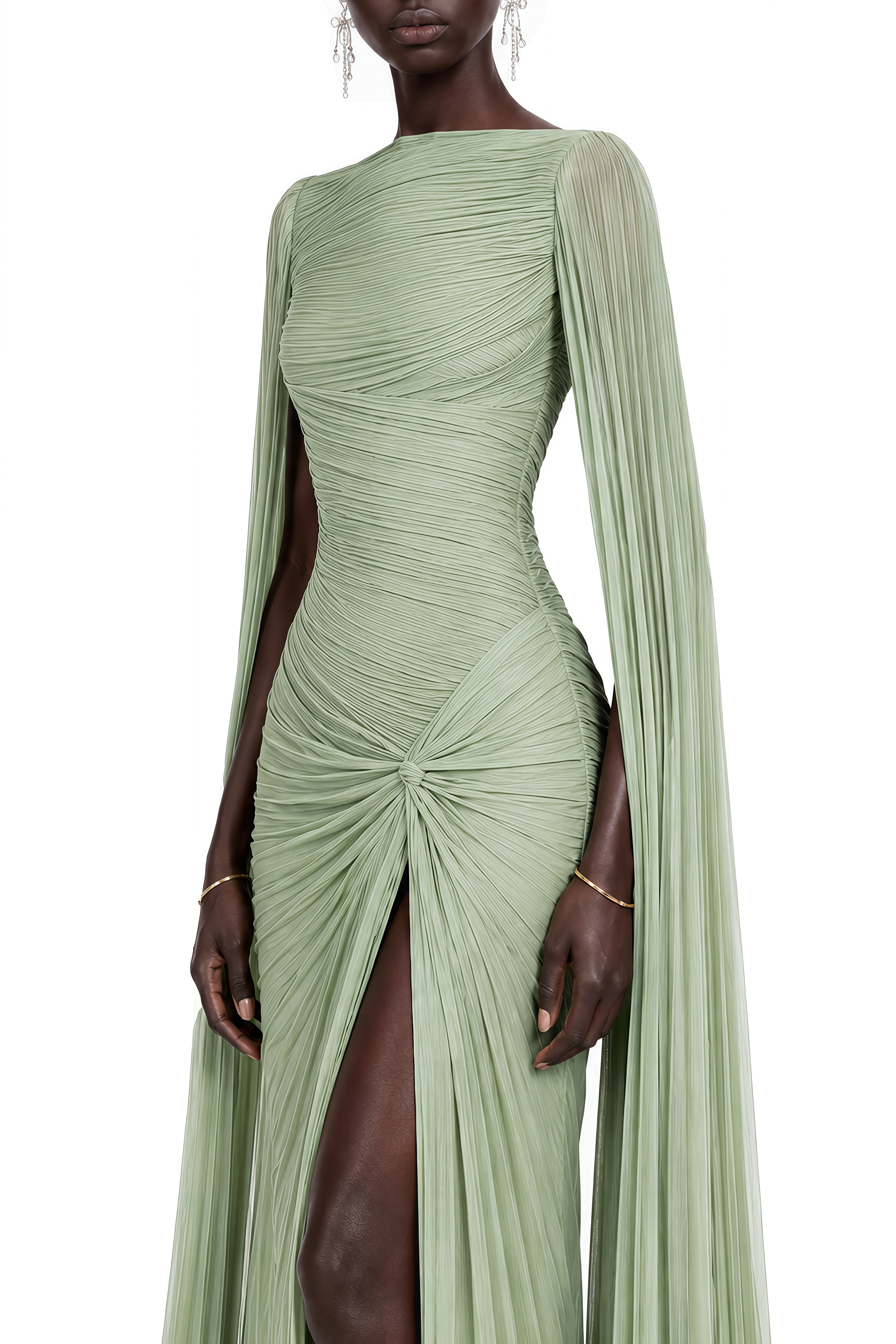 Zephyra Green Cape Sleeves Twist Slit Maxi Dress