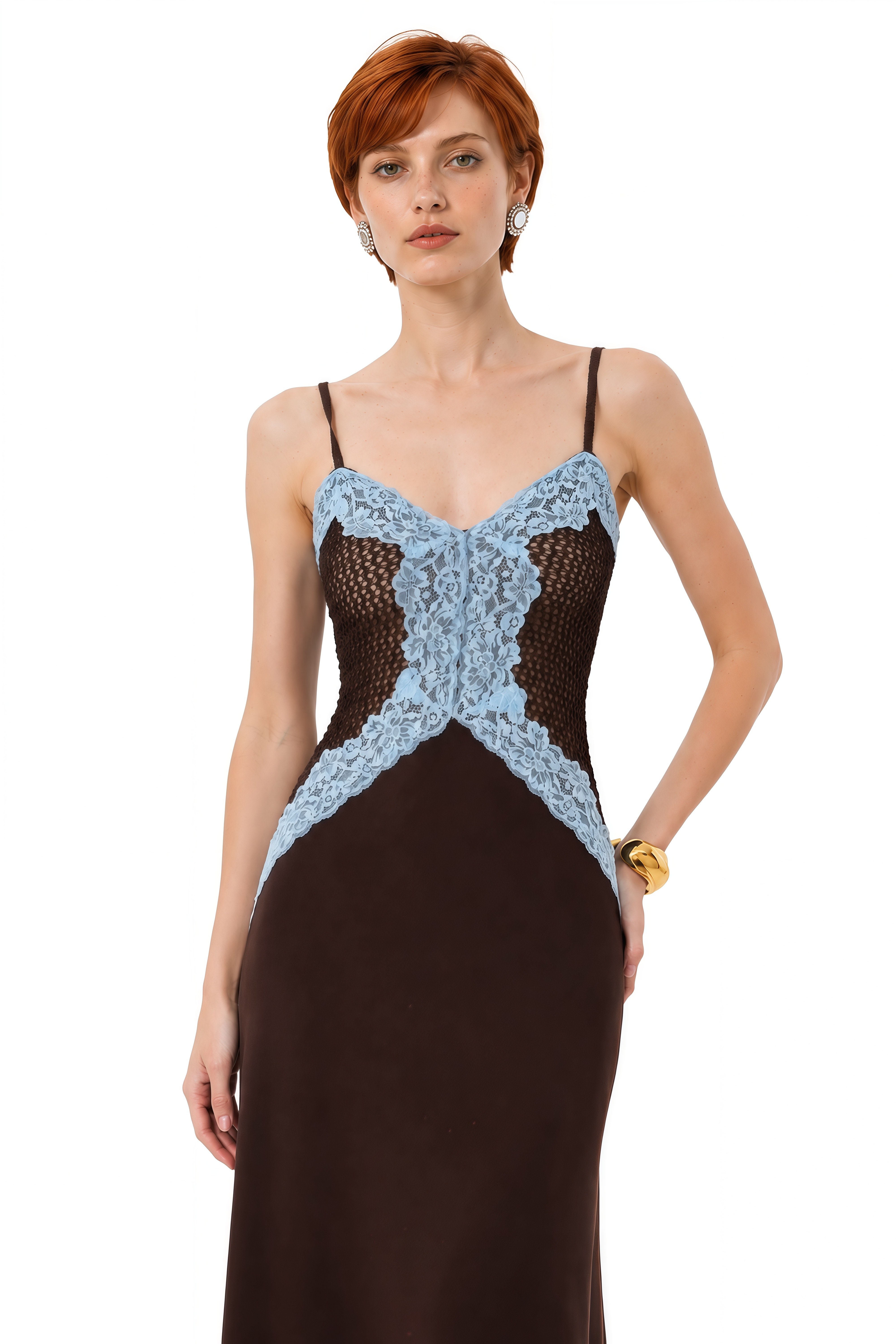 Rosalie Brown Sweetheart Neck Lace Maxi Dress