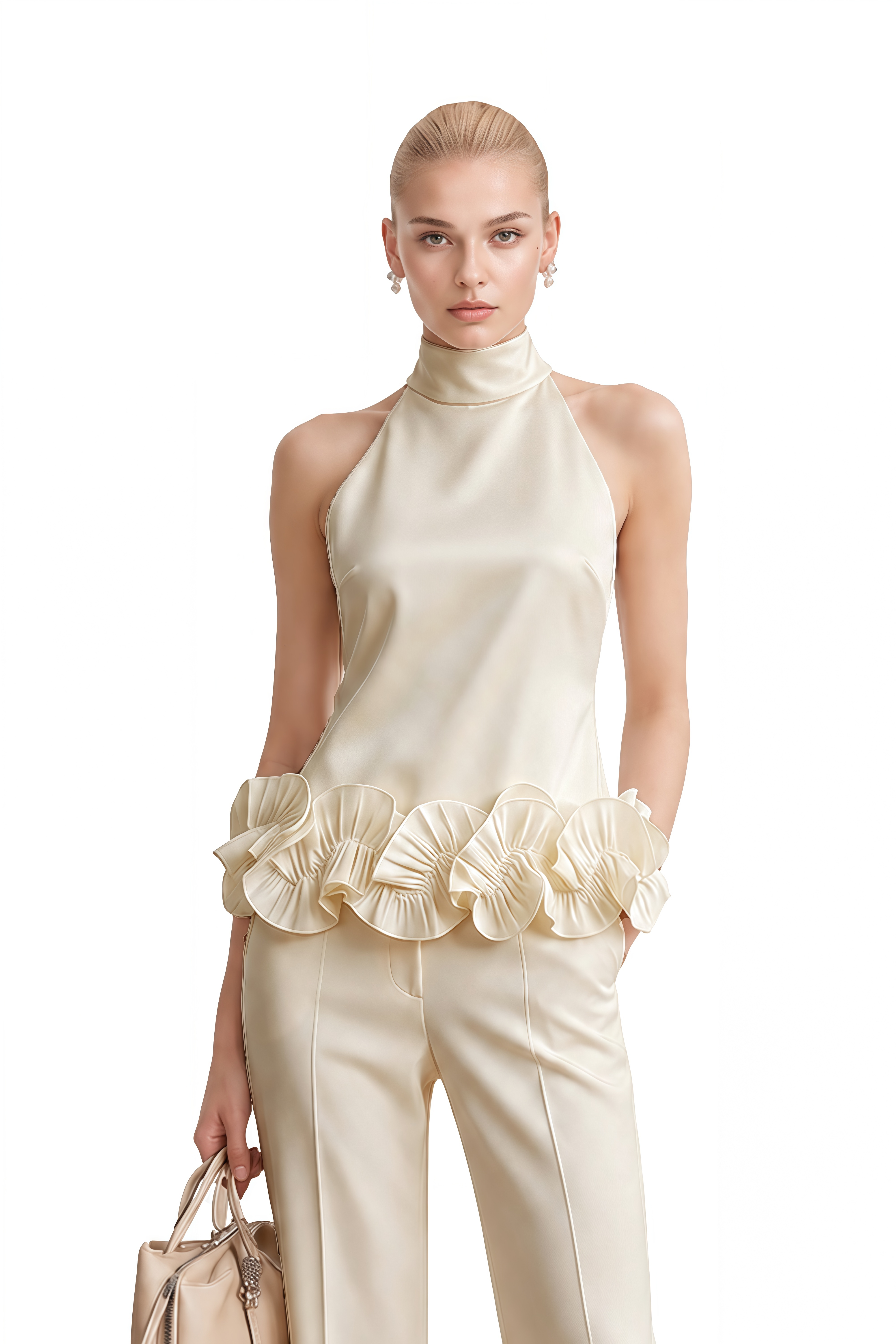 Vesper Ivory Turtleneck Ruffled Top & Trousers Set