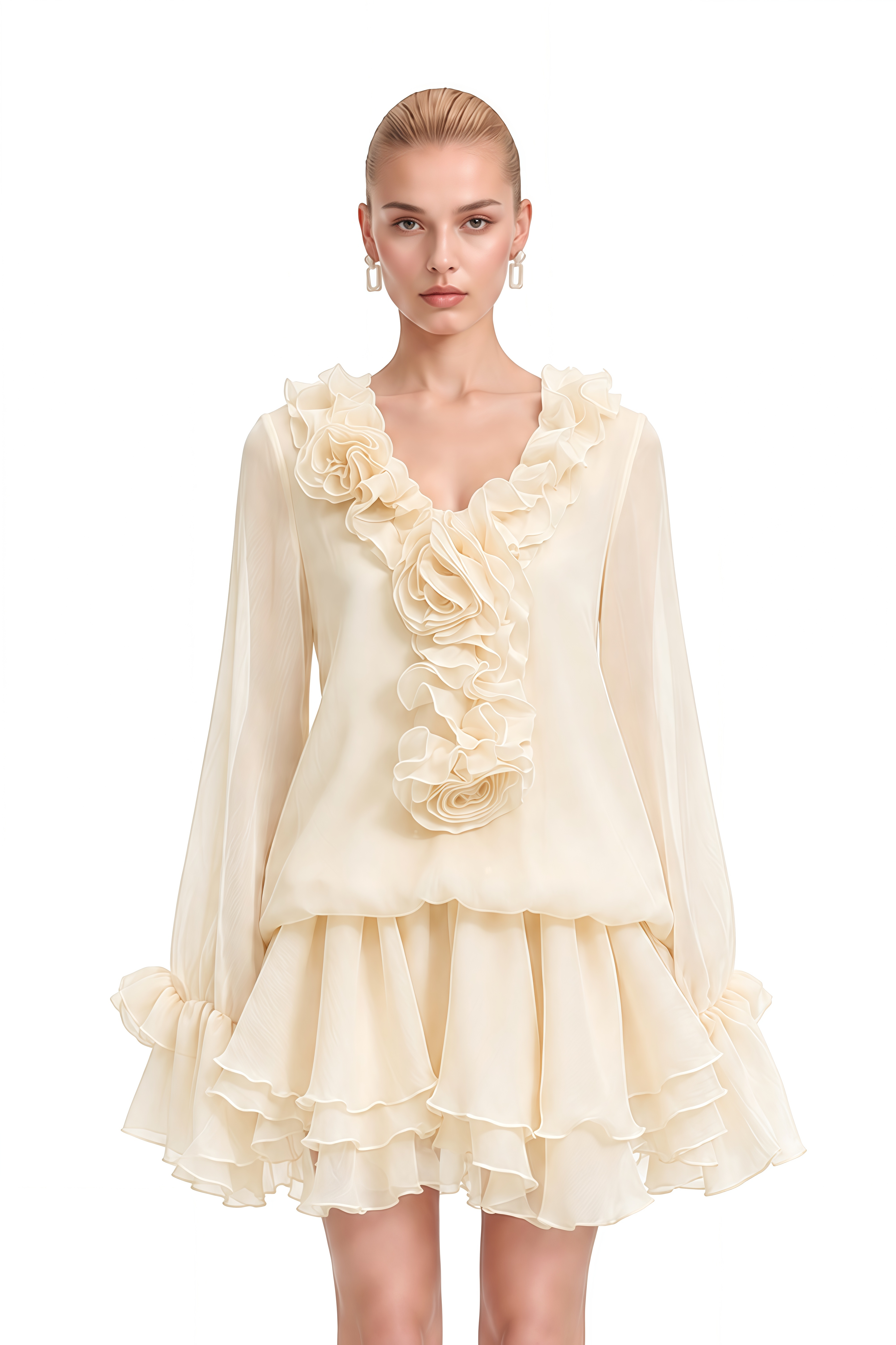 Clover Neutral 3D Floral Ruffled Mini Dress