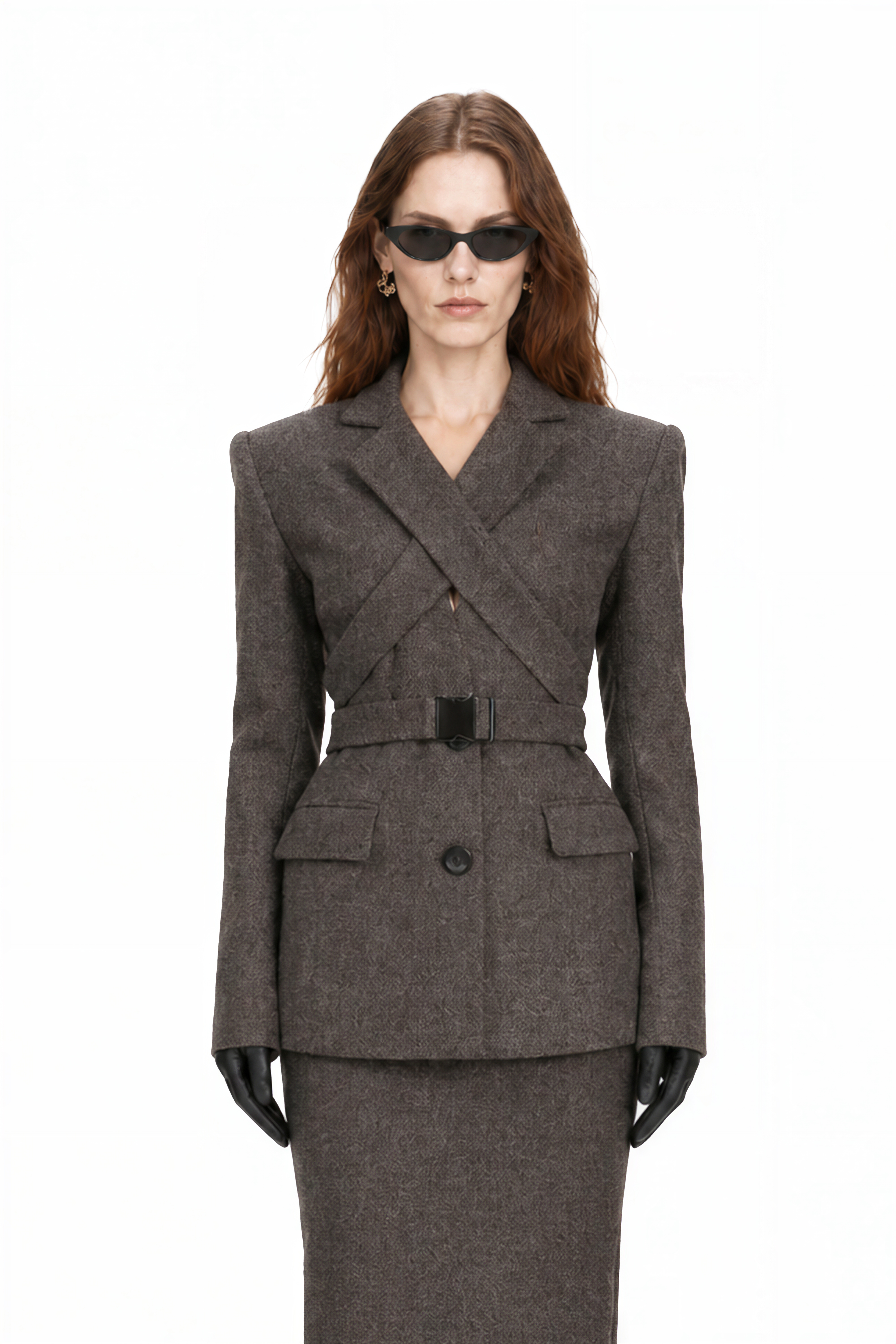 Charlotte Charcoal Brown Long Sleeves Slit Coat & Skirt Set