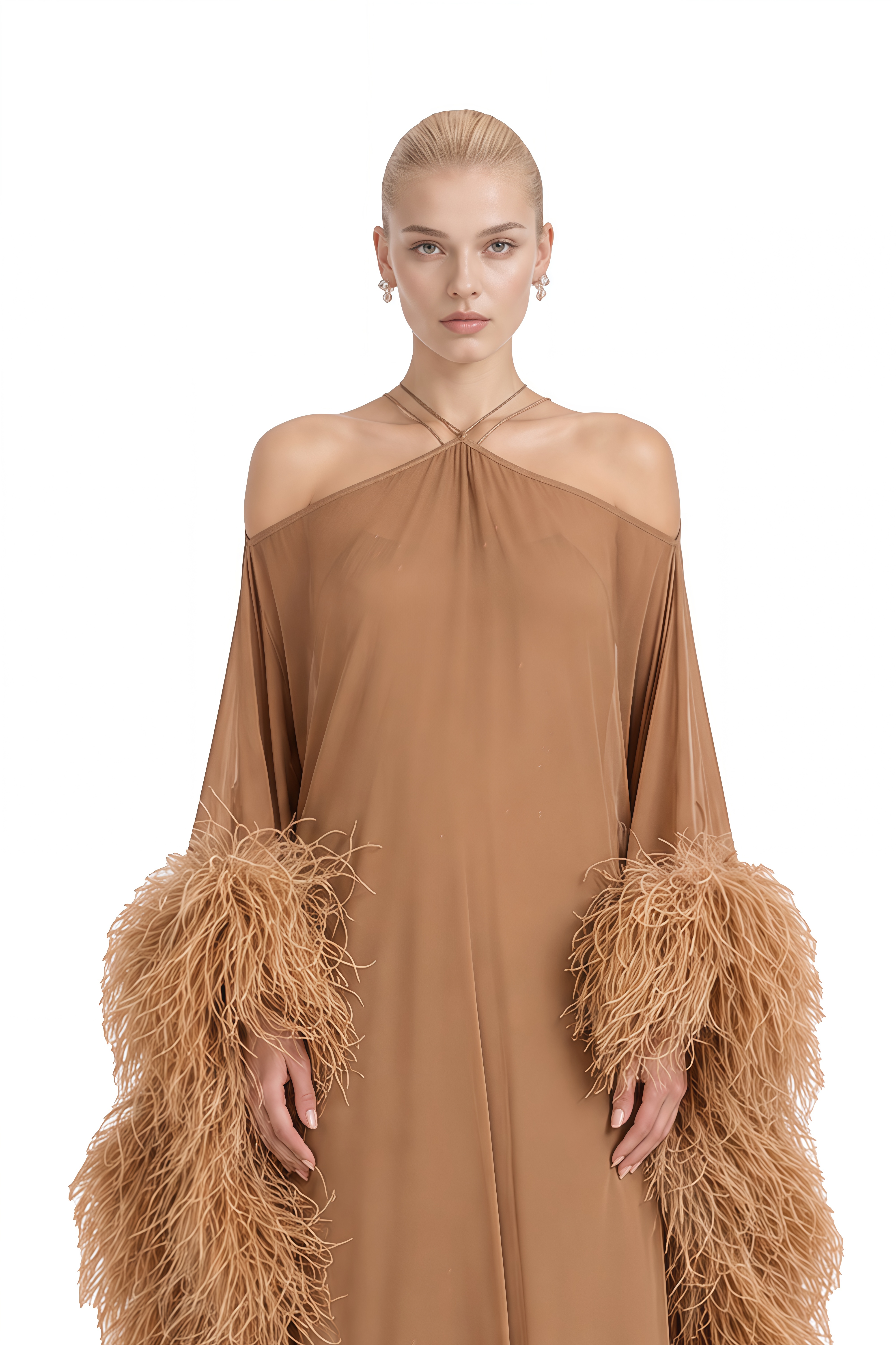 Cecilia Brown Halterneck Feather-Hem Maxi Dress
