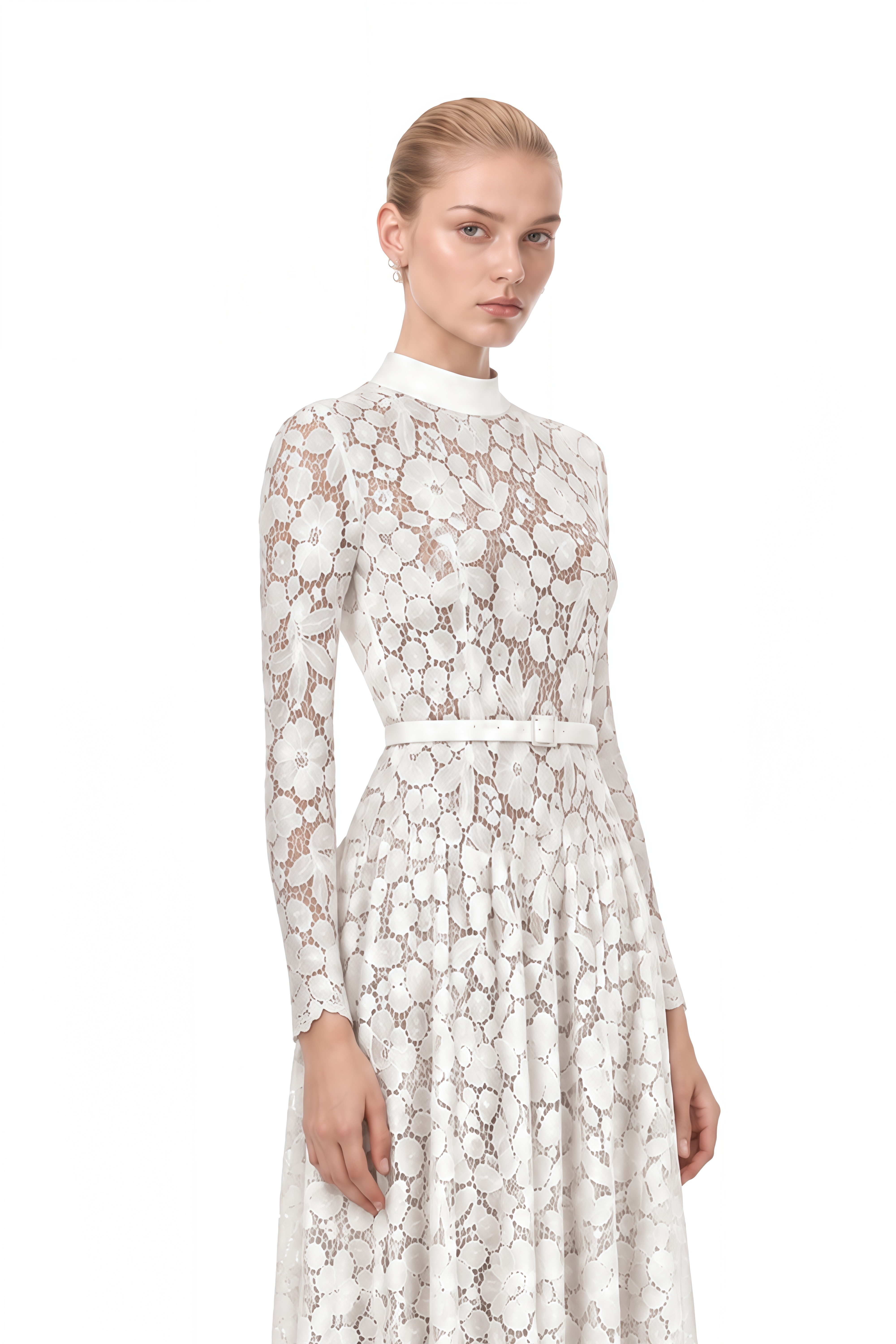 Thalia White Turtleneck Floral Lace Midi Dress