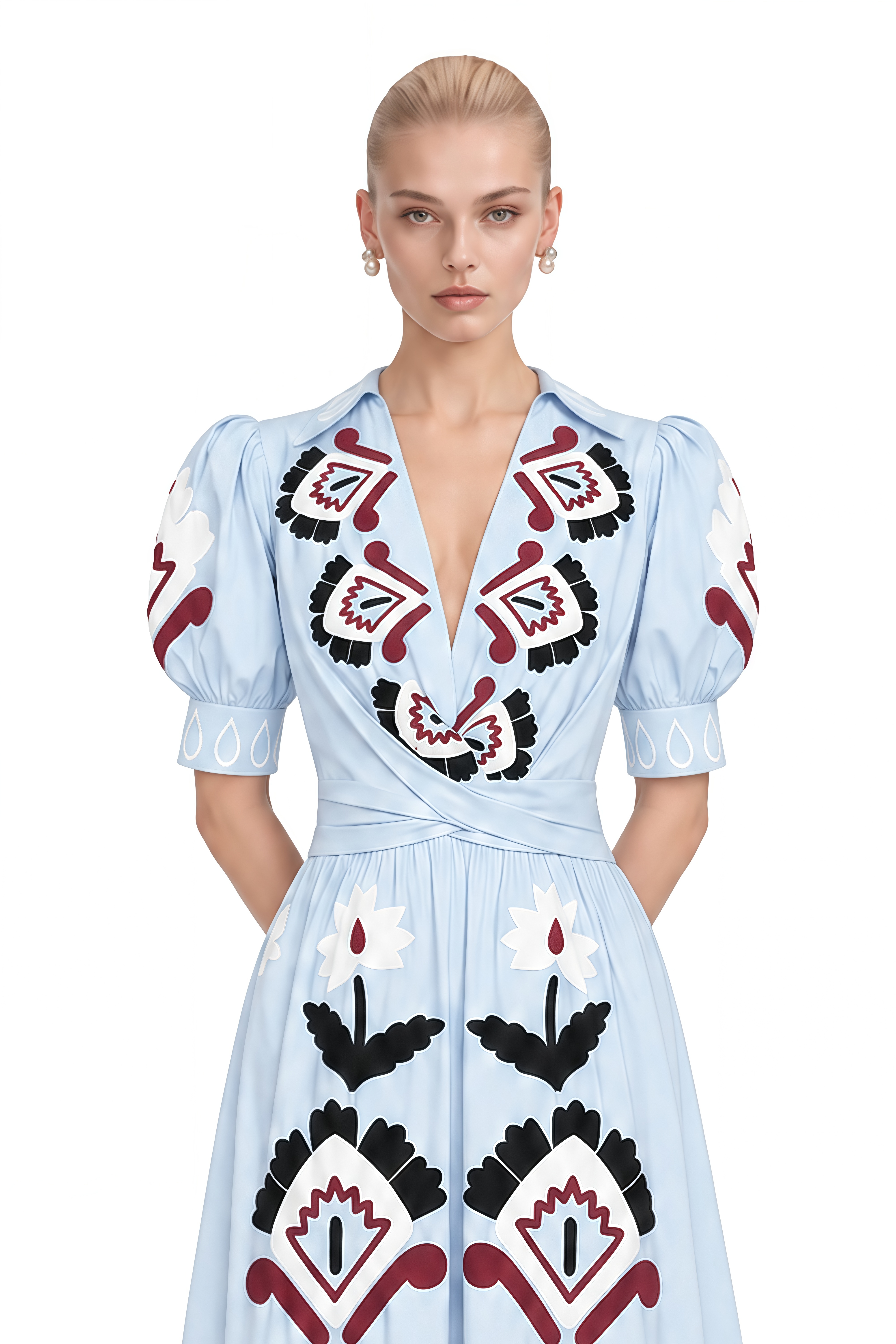 Noelle Light Blue V-Neck Contrast Printed Maxi Dress