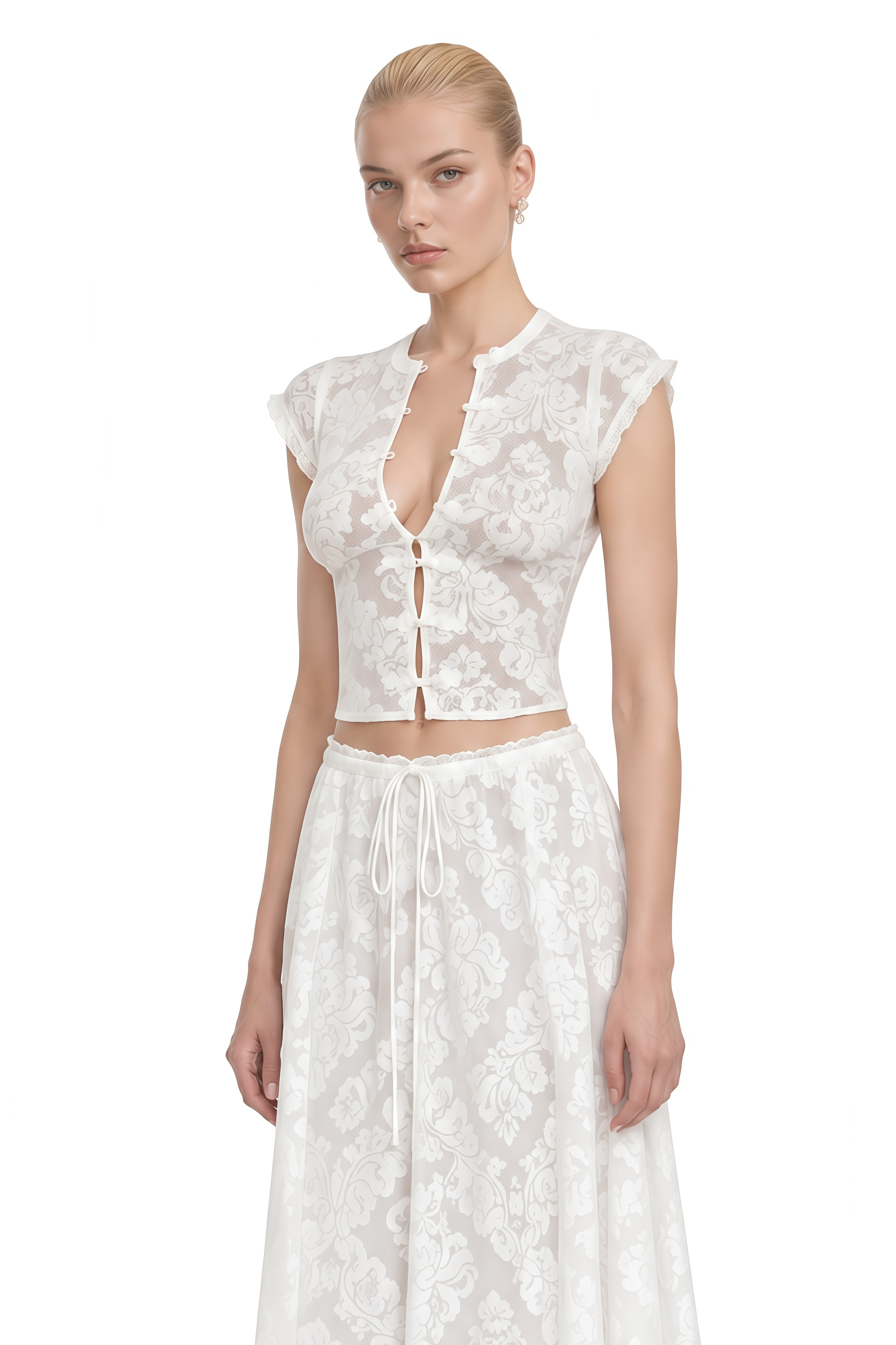 Grace White Round Neck Floral Top & Skirt Set