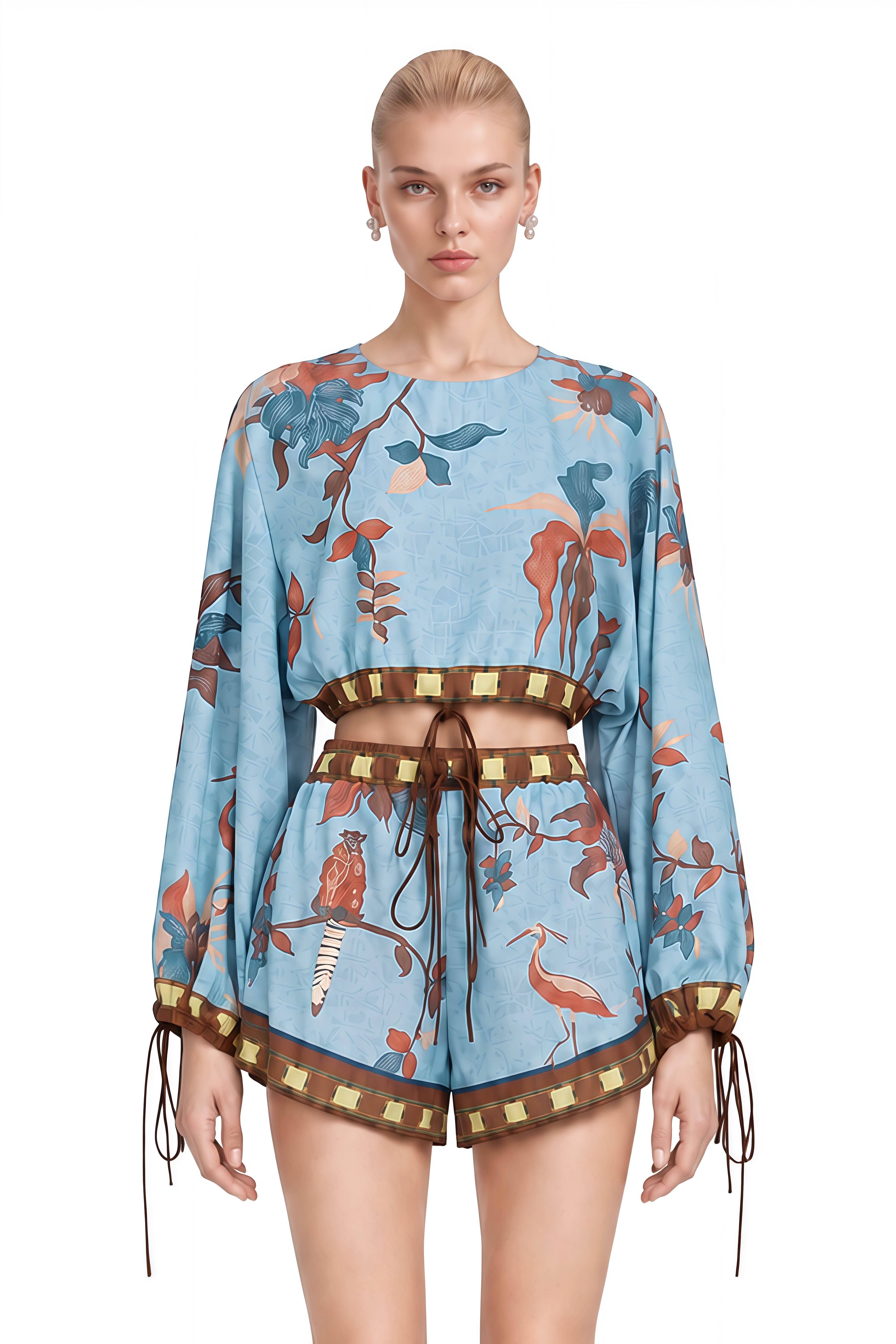 Viola Blue Round Neck Printed Top & Shorts Set