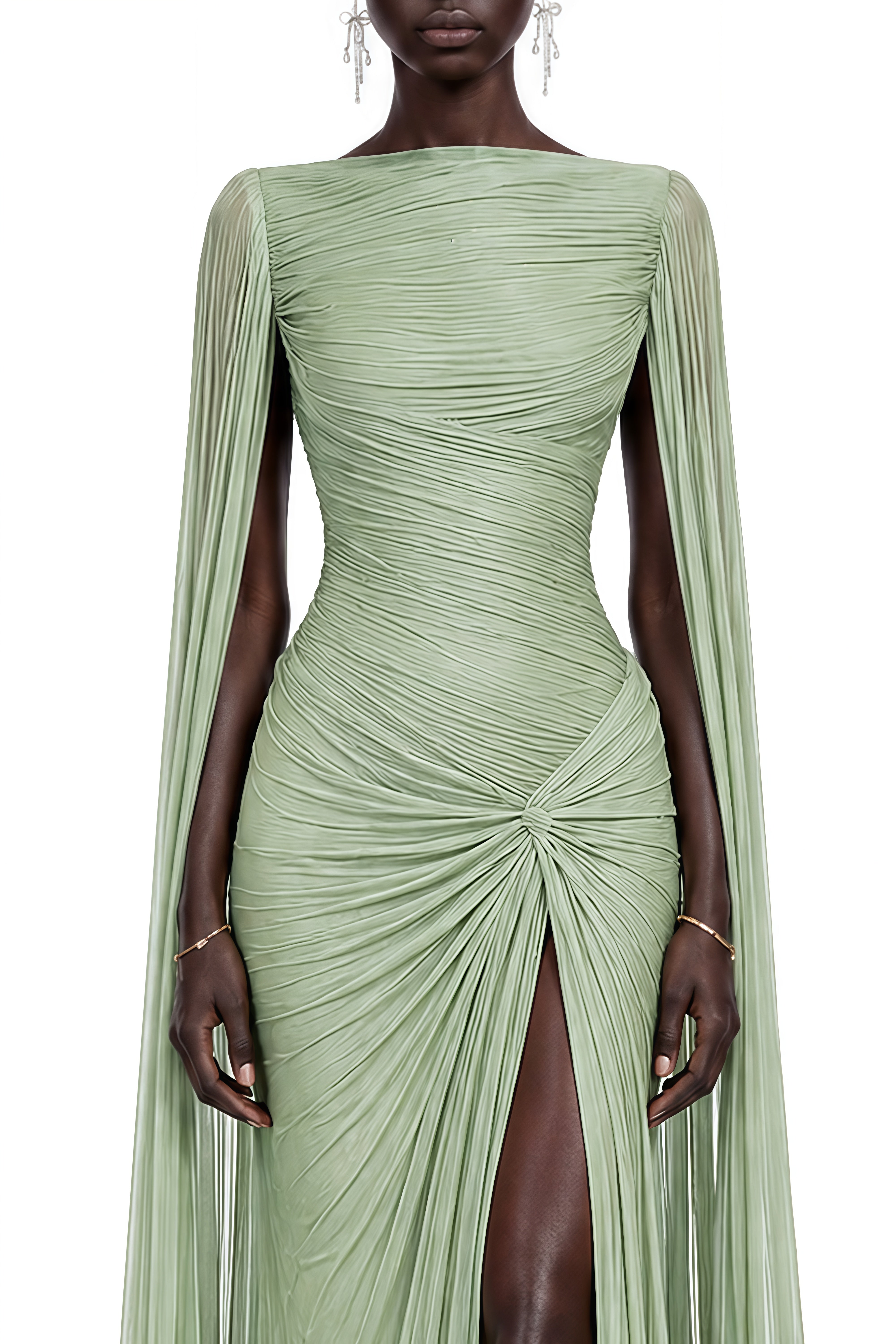 Zephyra Green Cape Sleeves Twist Slit Maxi Dress
