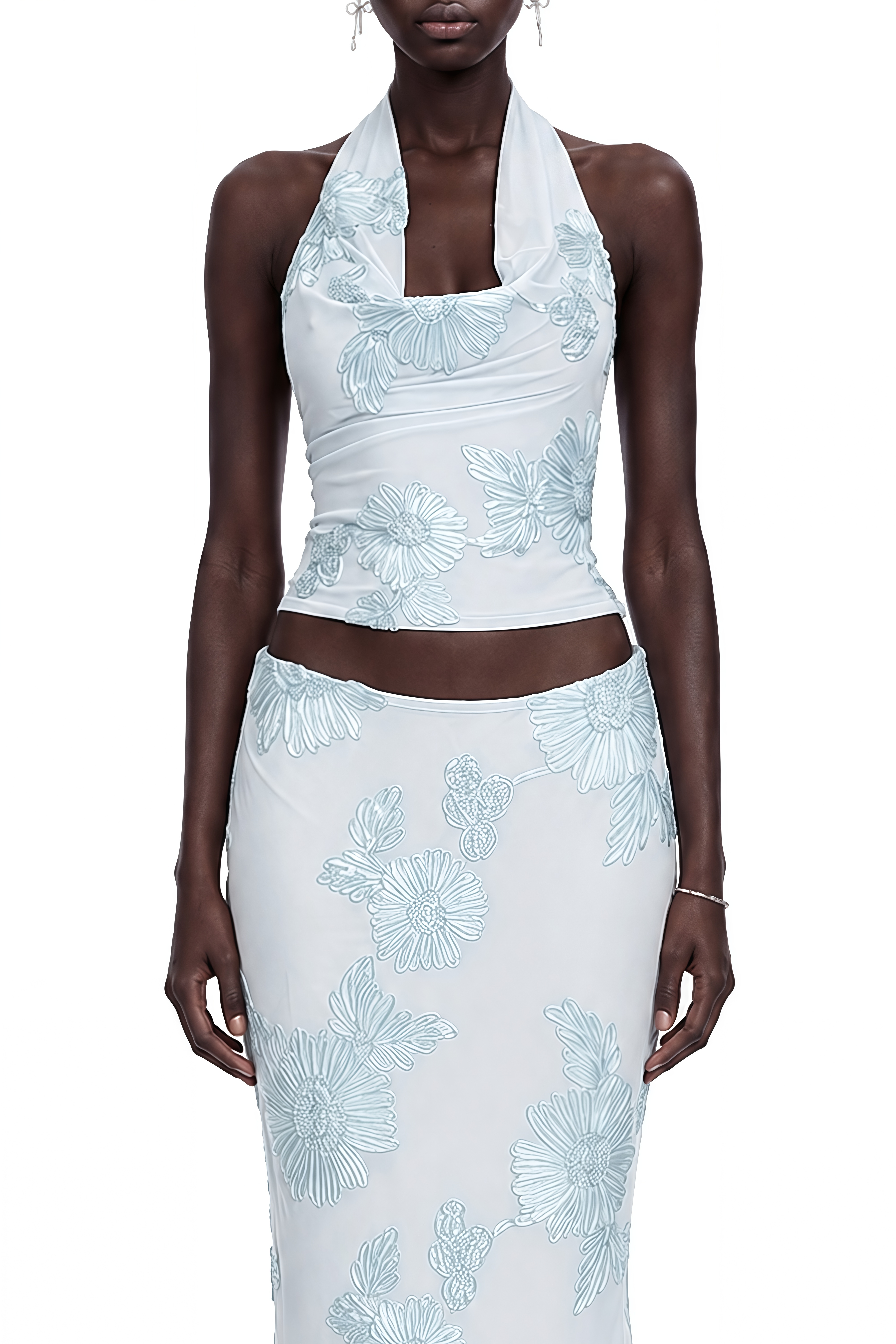 Bronte Light Blue Floral Embroidered Top & Skirt Set