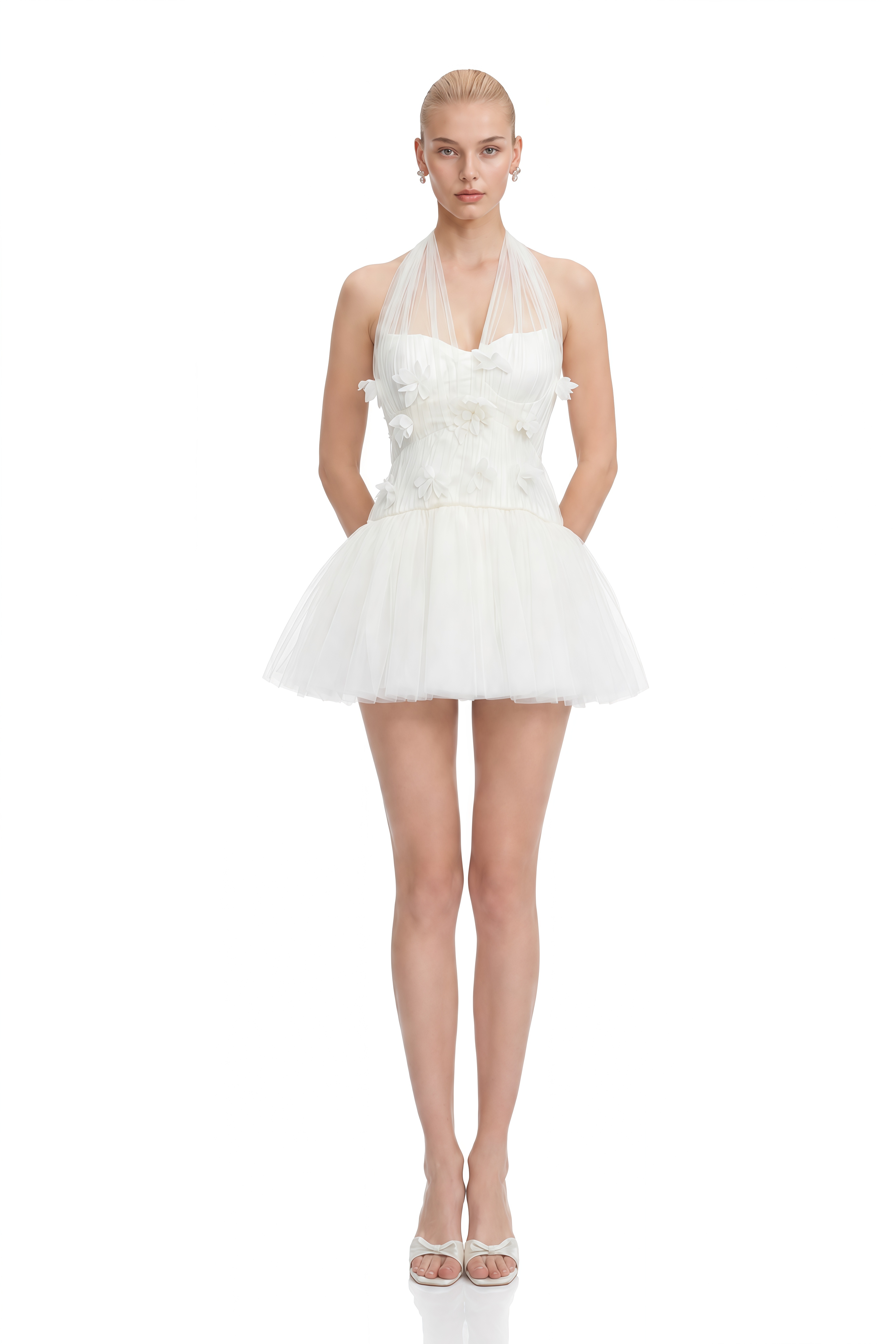 Theodora White Halterneck 3D Floral Mini Dress