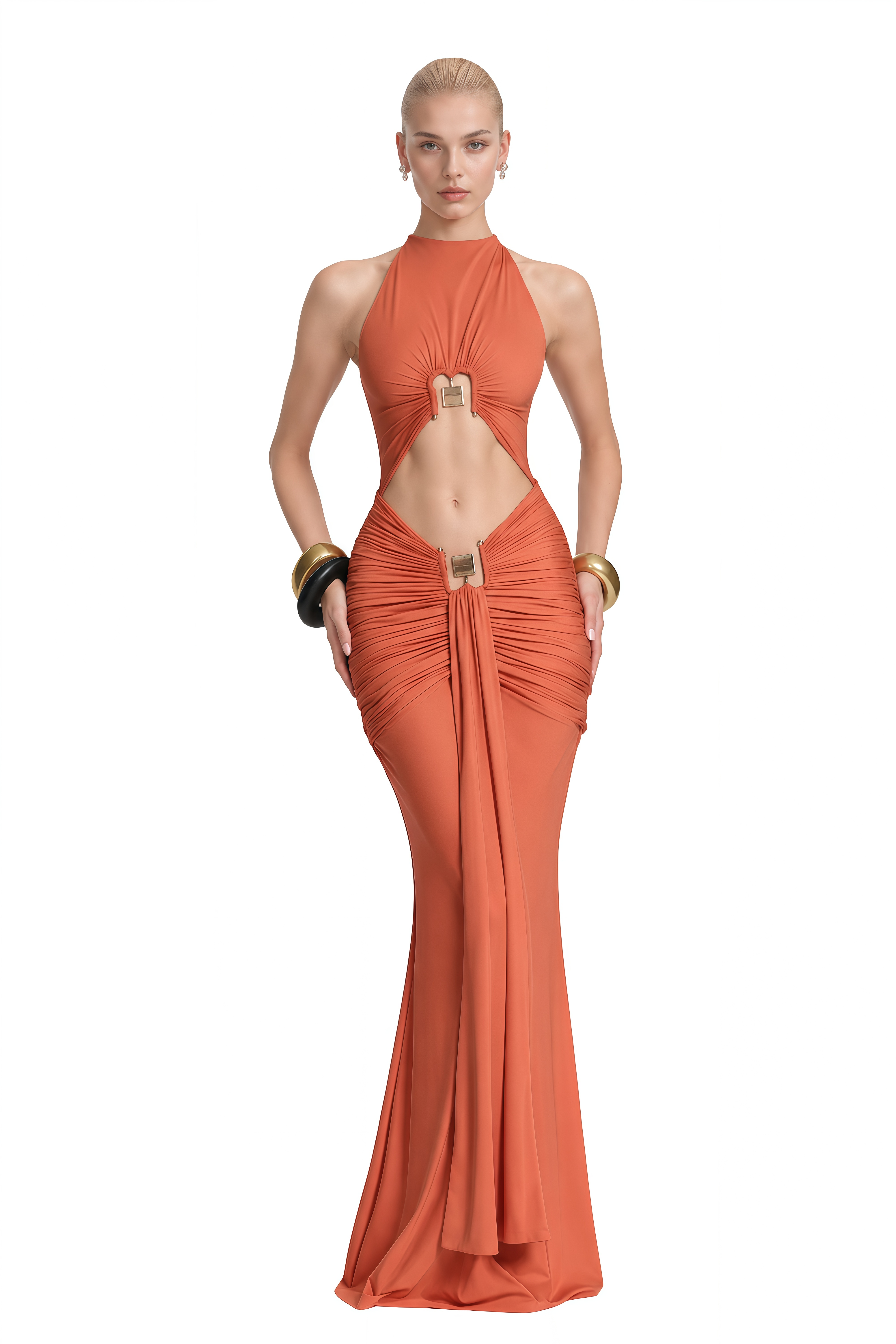 Bronte Burnt Orange Halterneck Cut-Out Maxi Dress