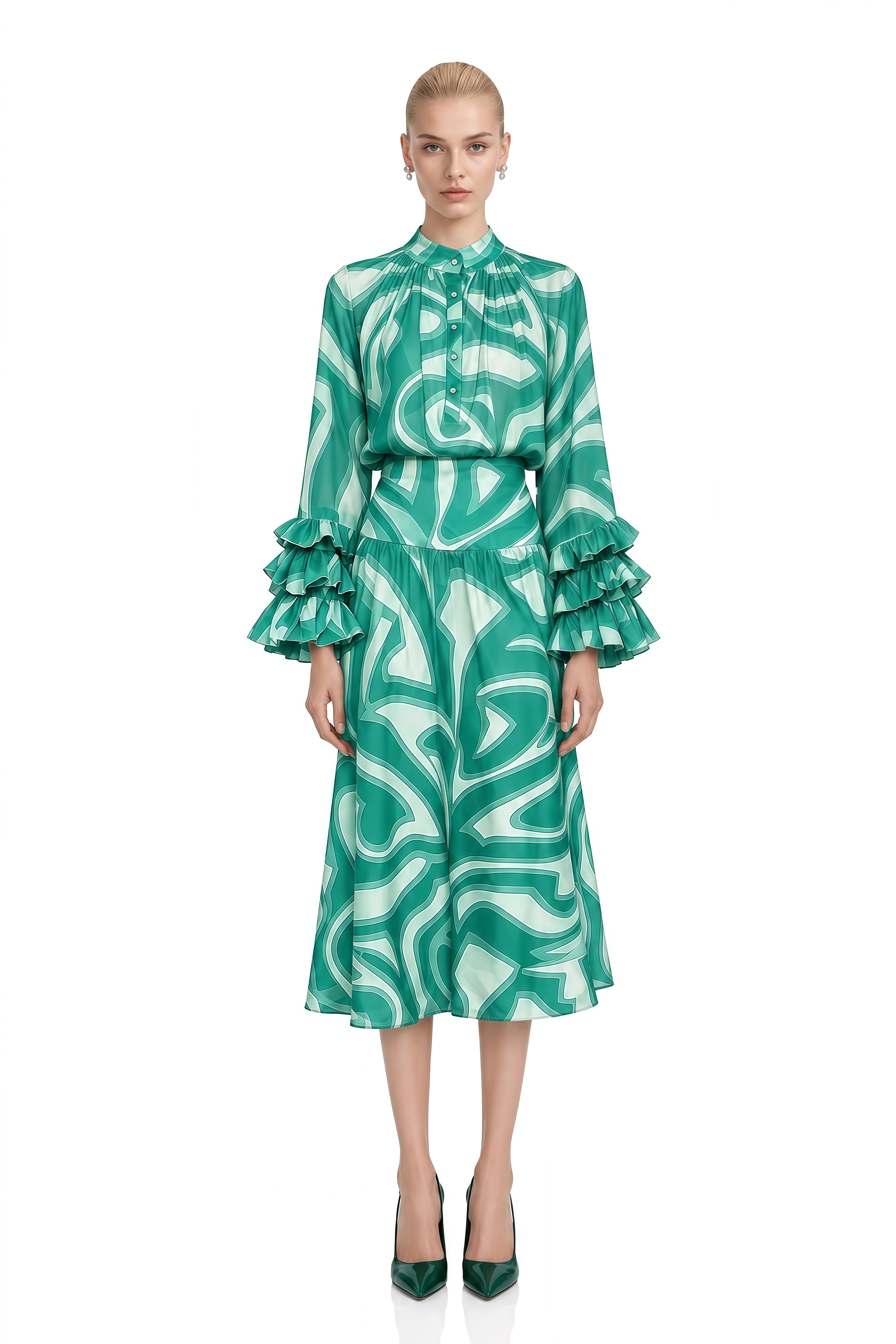 Felicity Green Abstract Print Ruffled Blouse & Skirt Set