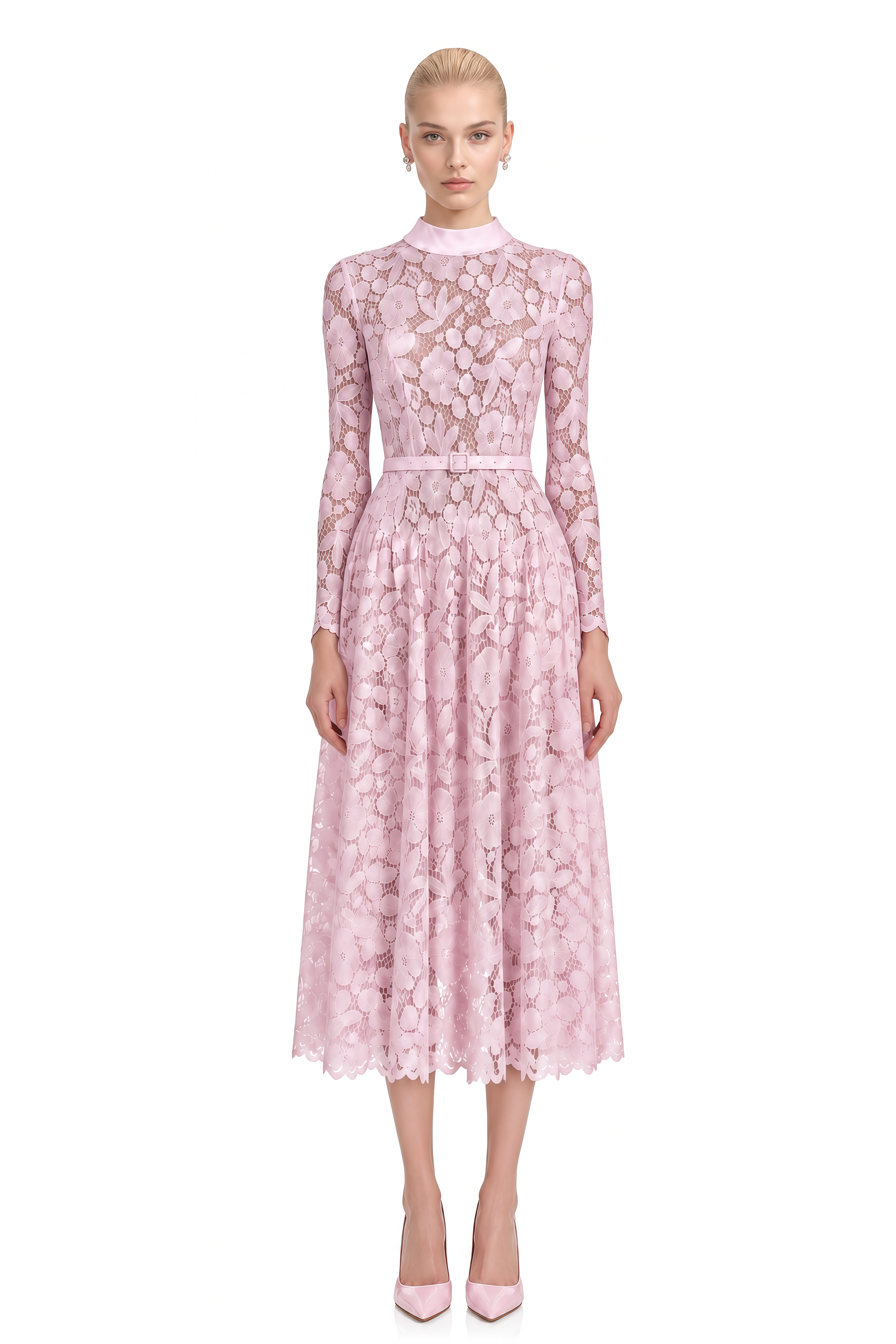 Thalia Pink Turtleneck Floral Lace Midi Dress