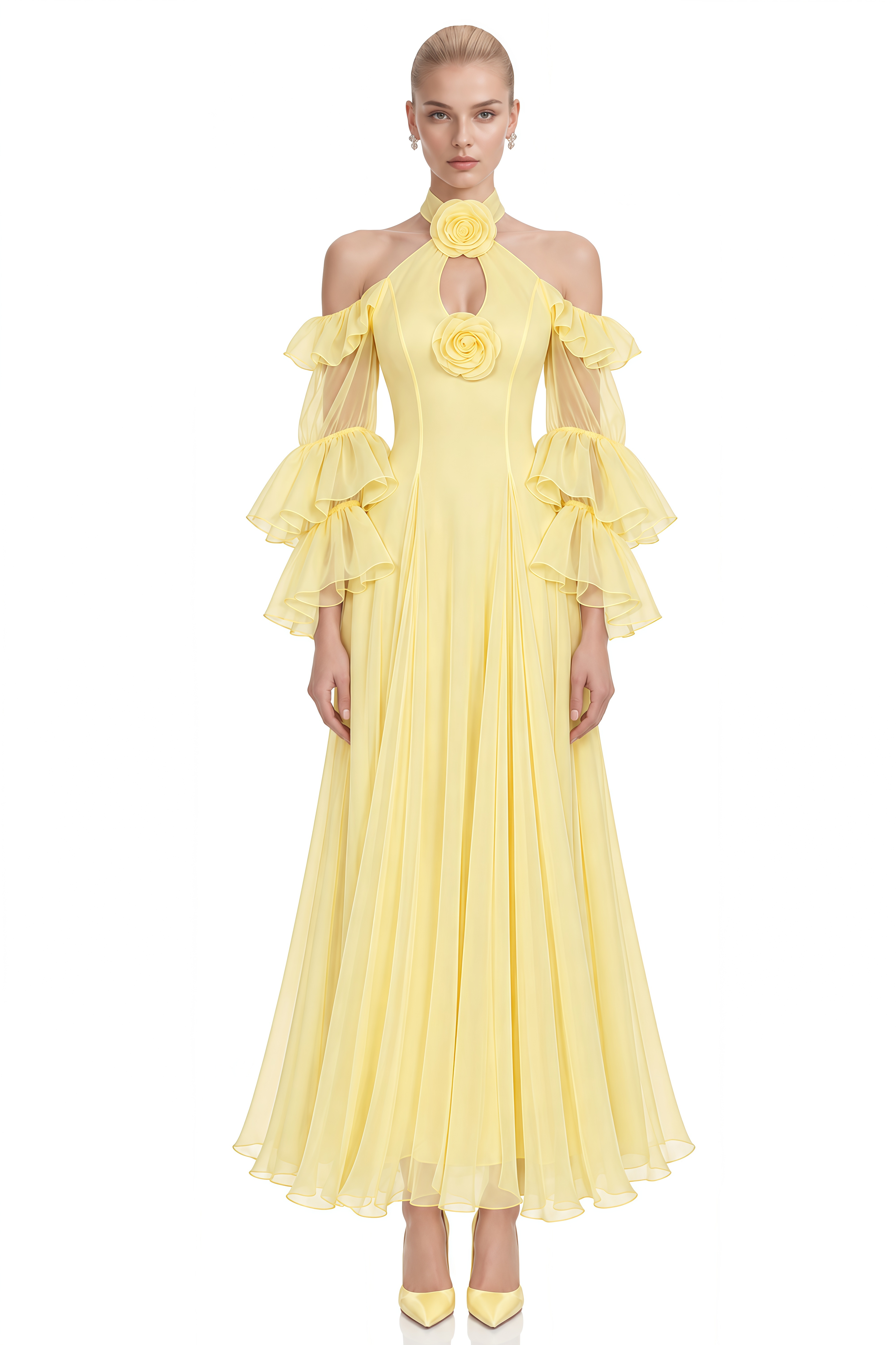 Ember Yellow Halterneck 3D Floral Maxi Dress