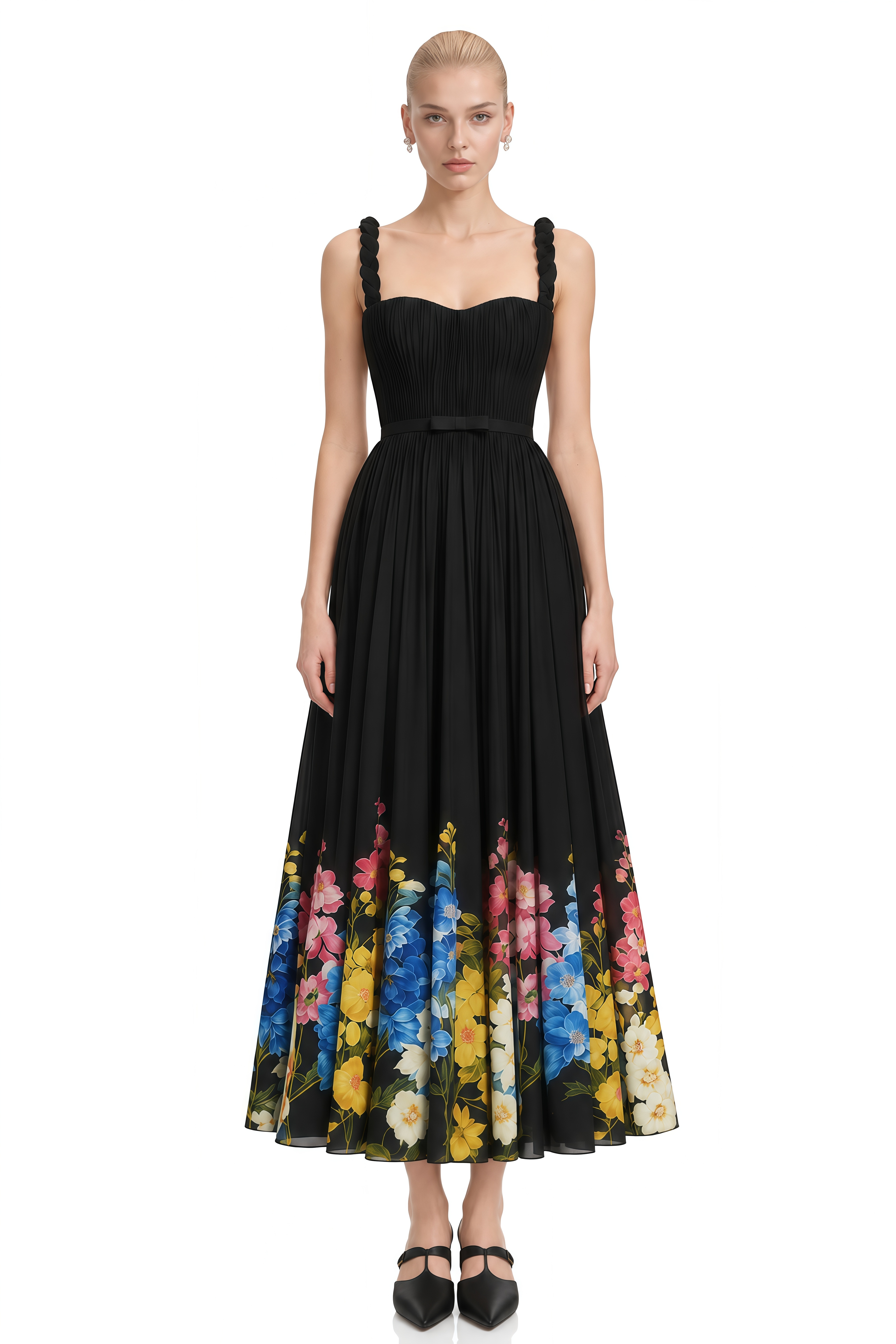 Cecilia Black Sweetheart Neck Floral Midi Dress