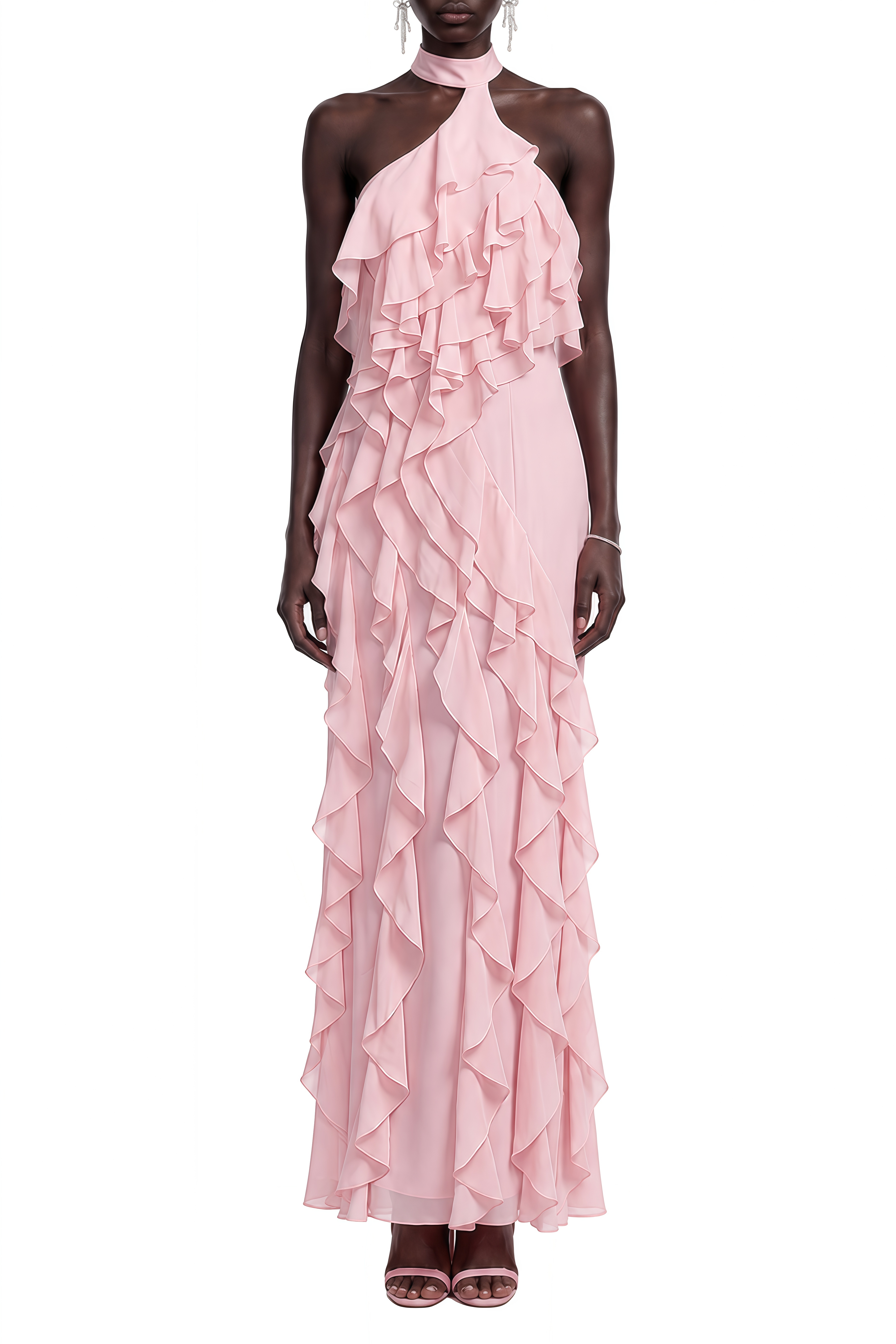 Elizabeth Pink Halterneck Ruffled Maxi Dress
