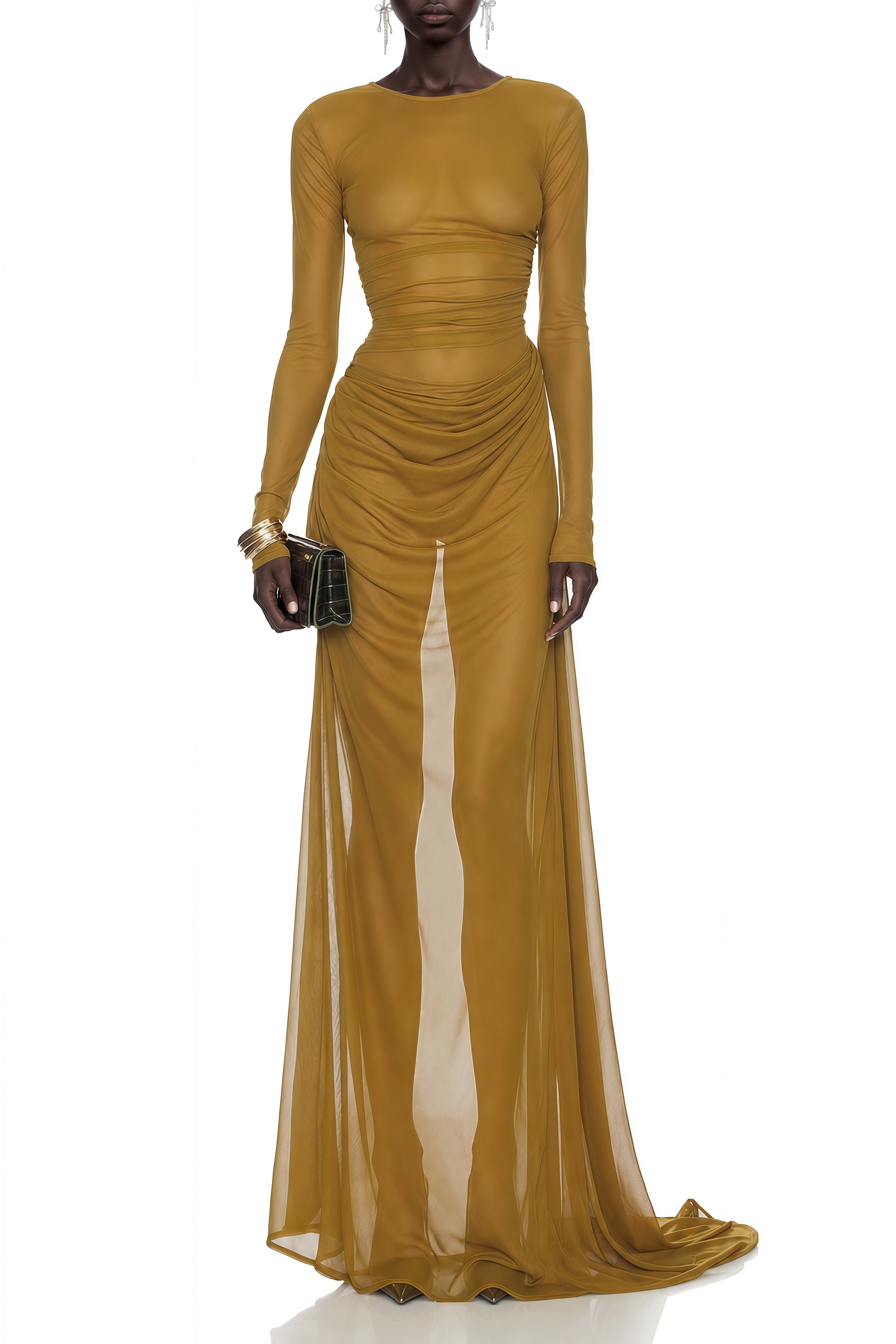 Margaux Olive Green Sheer Long Sleeves Maxi Dress
