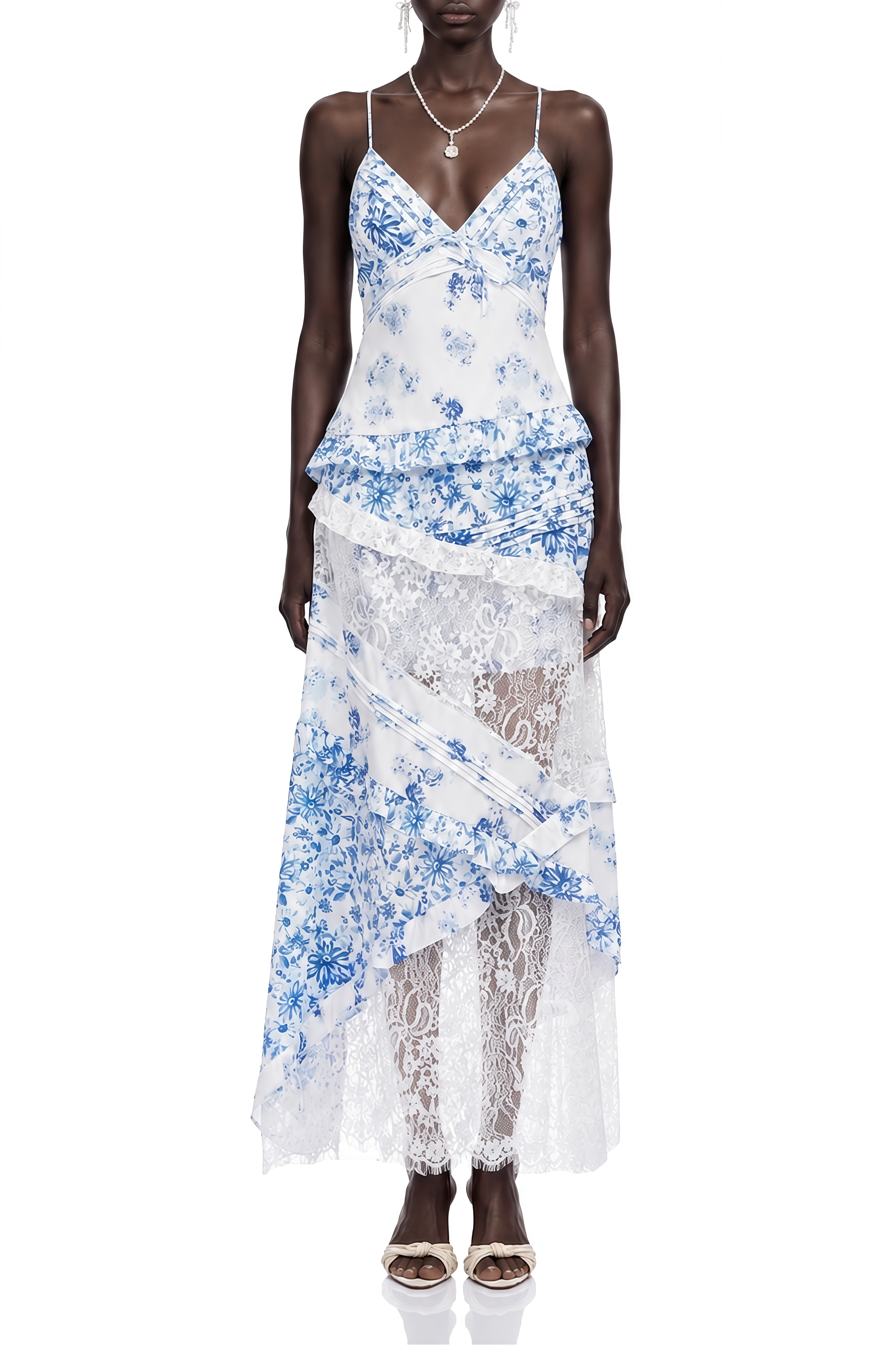 Amelia Blue Floral Print Ruched Maxi Dress