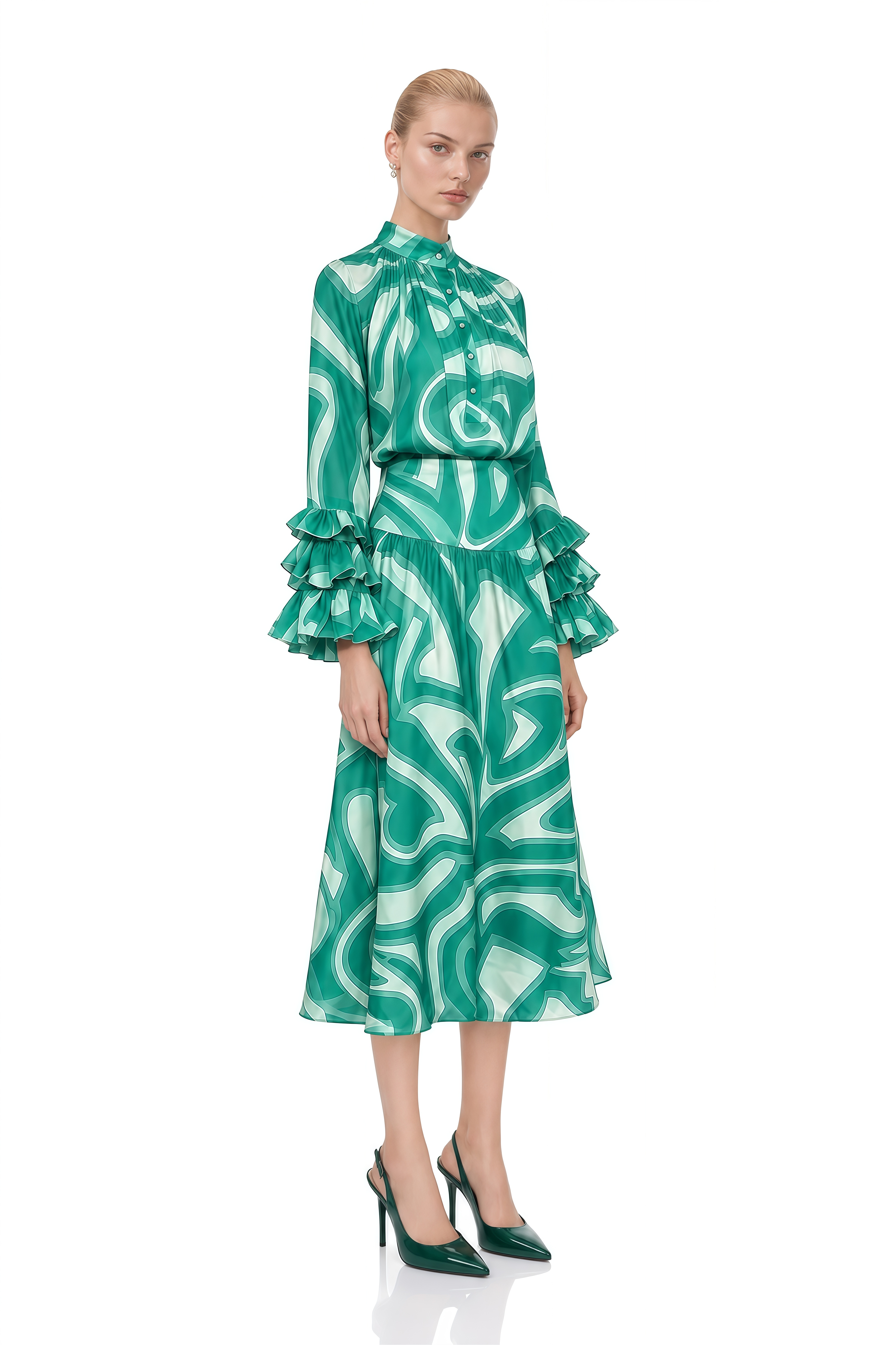 Felicity Green Abstract Print Ruffled Blouse & Skirt Set