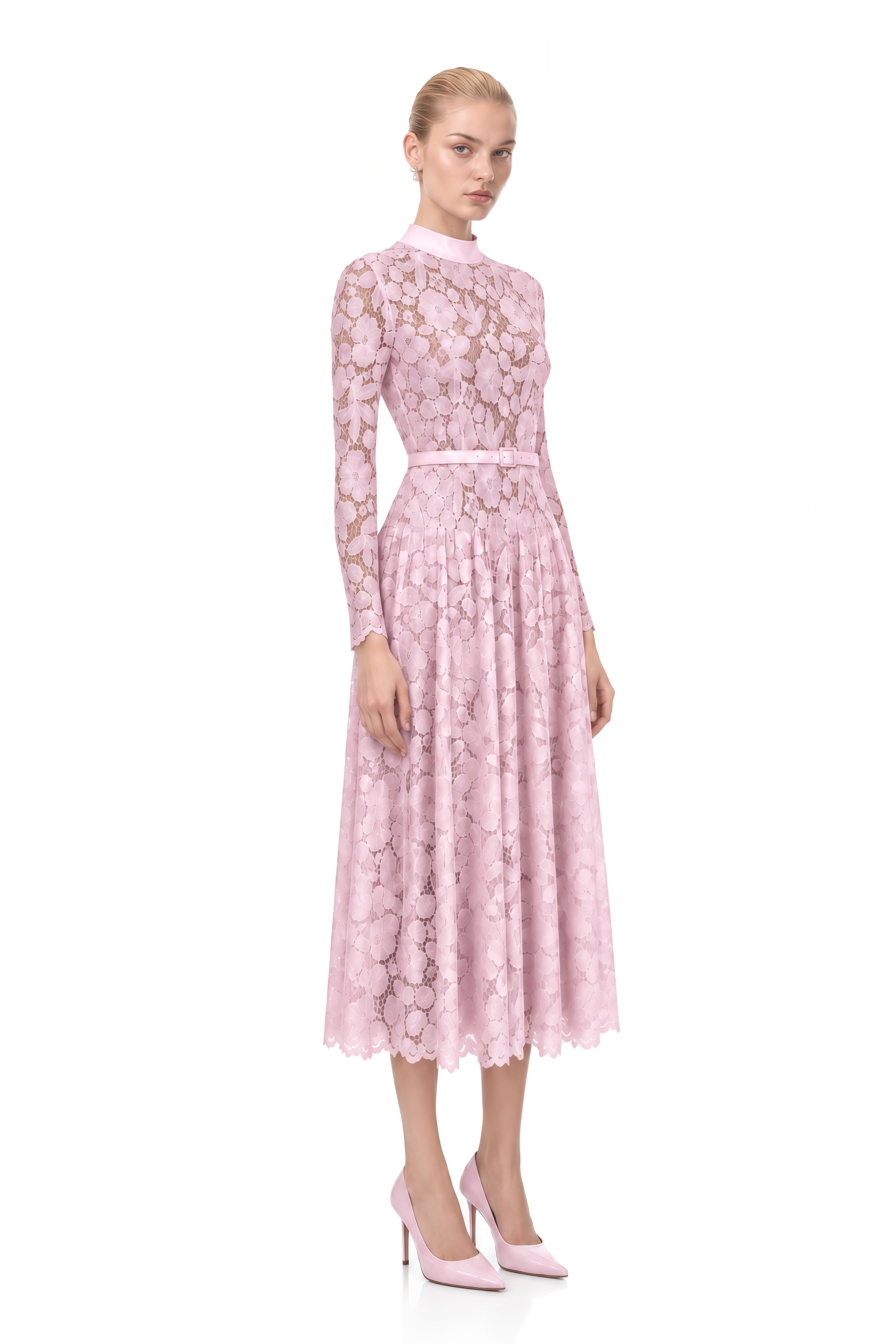 Thalia Pink Turtleneck Floral Lace Midi Dress