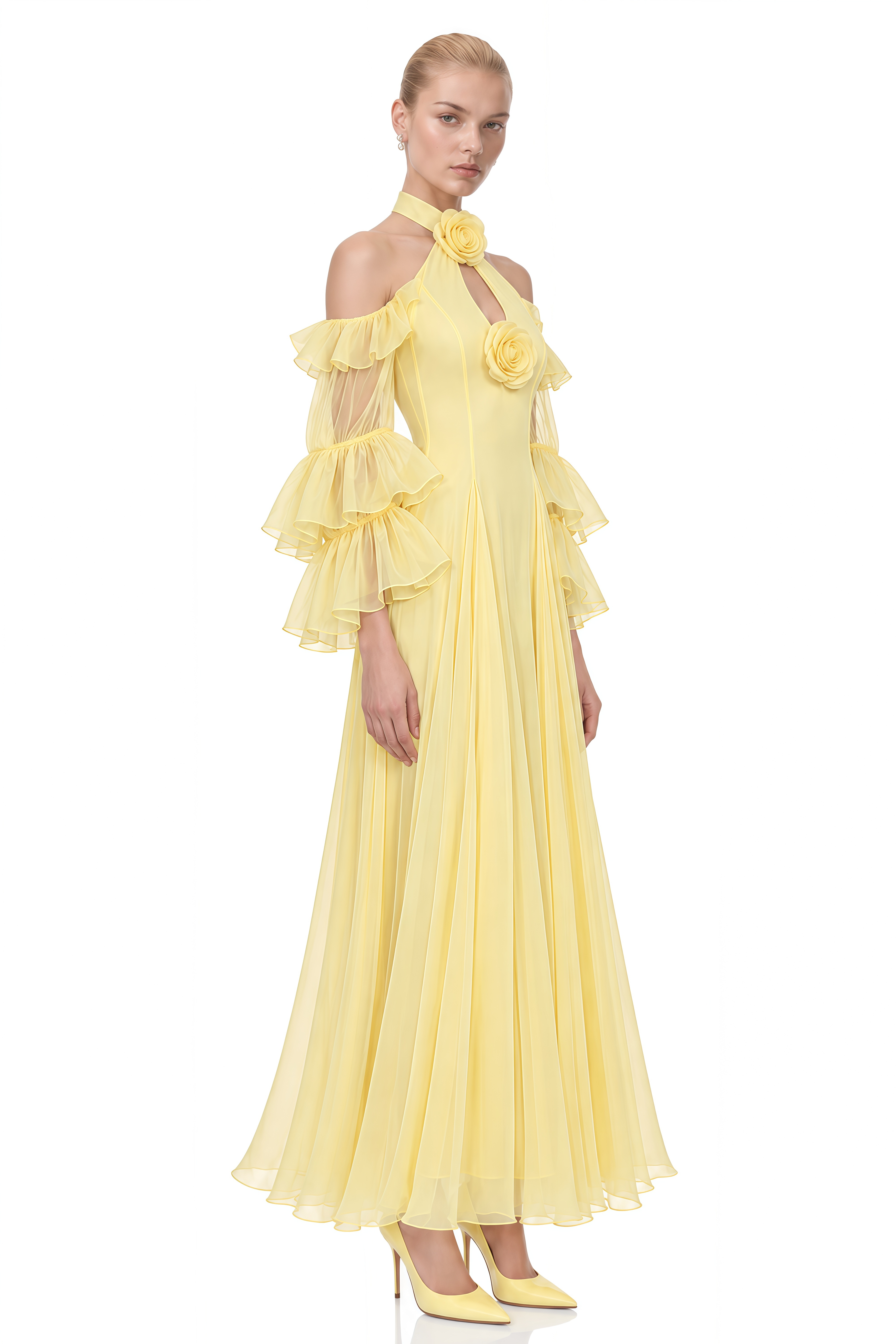 Ember Yellow Halterneck 3D Floral Maxi Dress