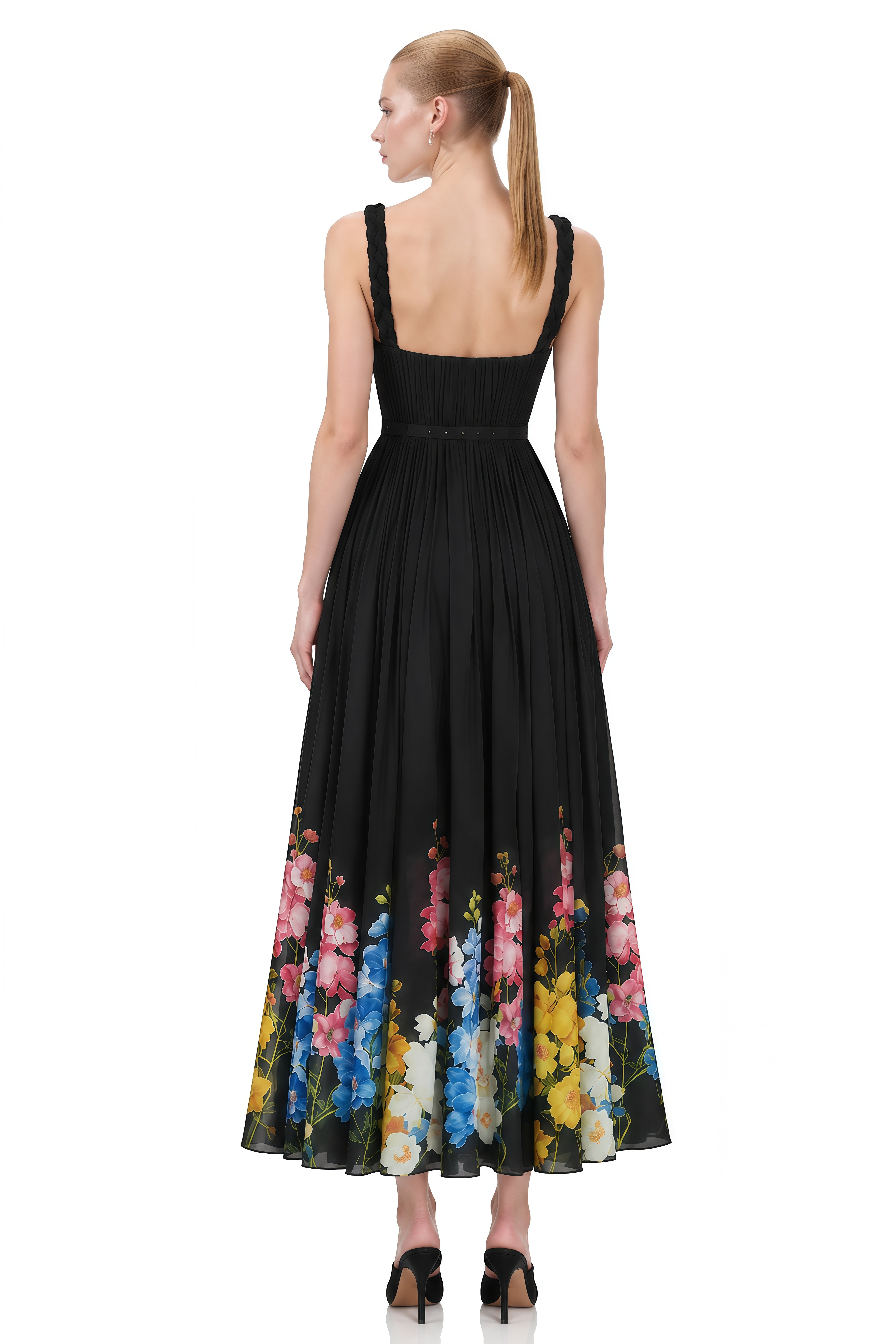 Cecilia Black Sweetheart Neck Floral Midi Dress