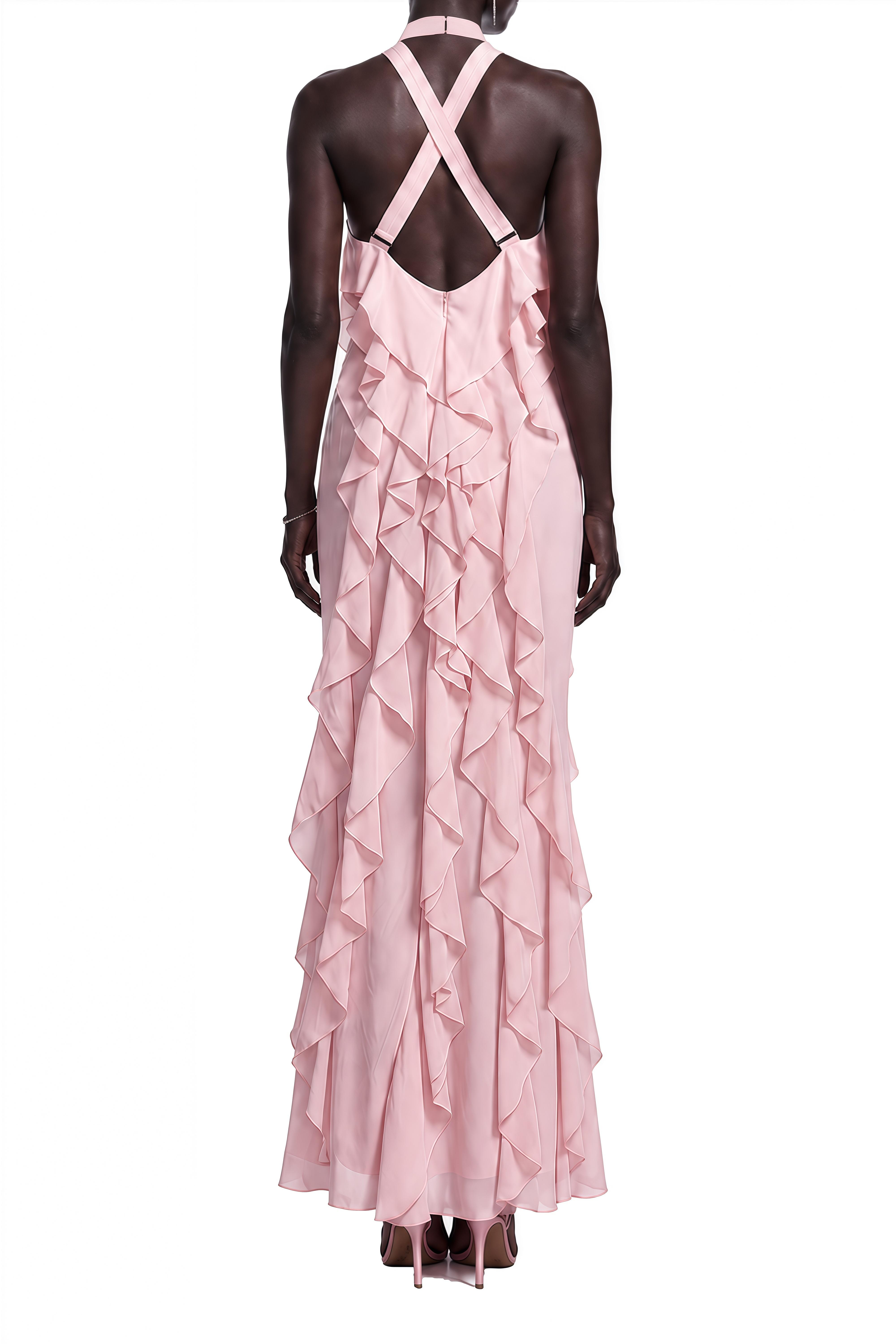 Elizabeth Pink Halterneck Ruffled Maxi Dress