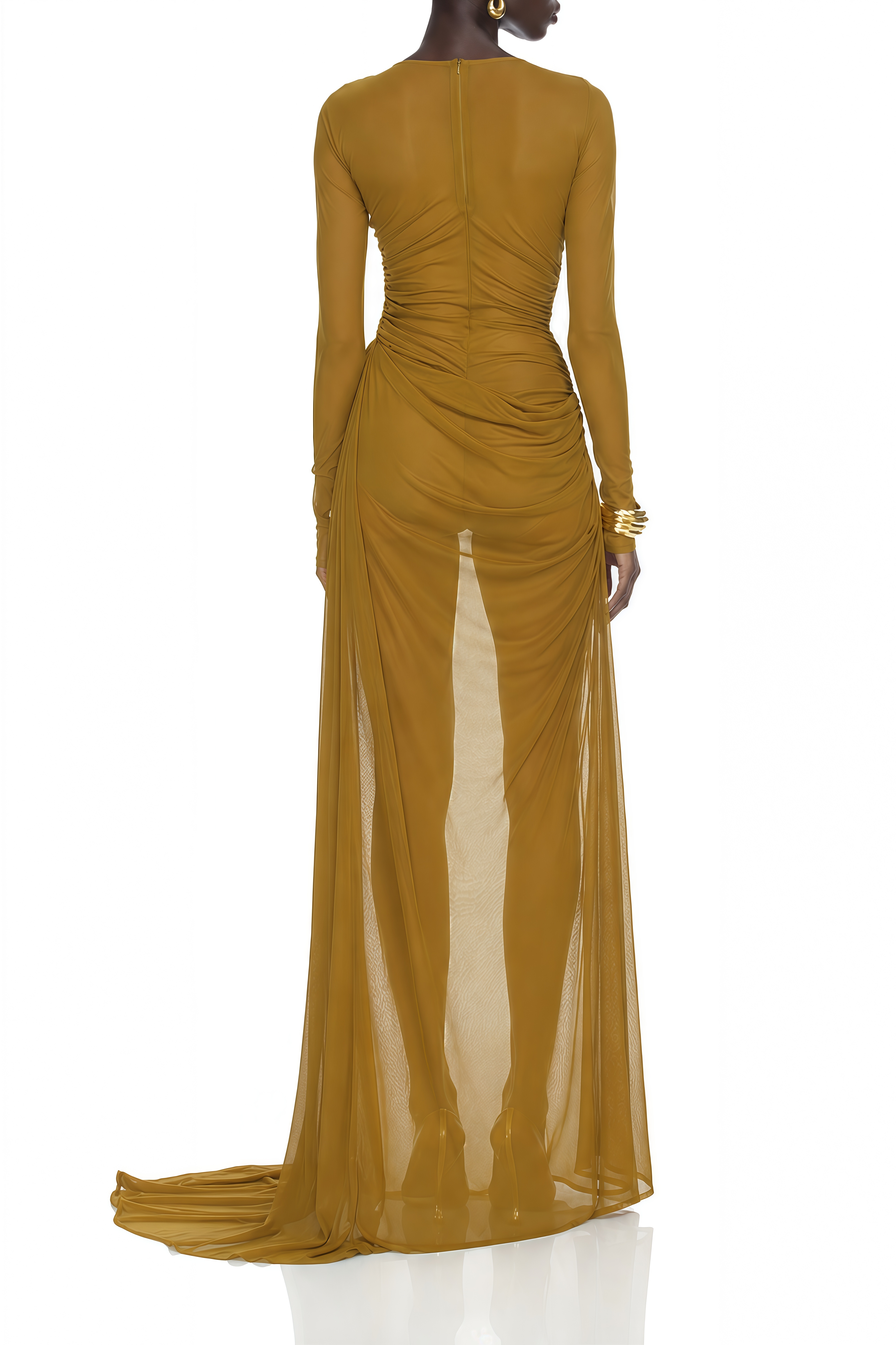 Margaux Olive Green Sheer Long Sleeves Maxi Dress