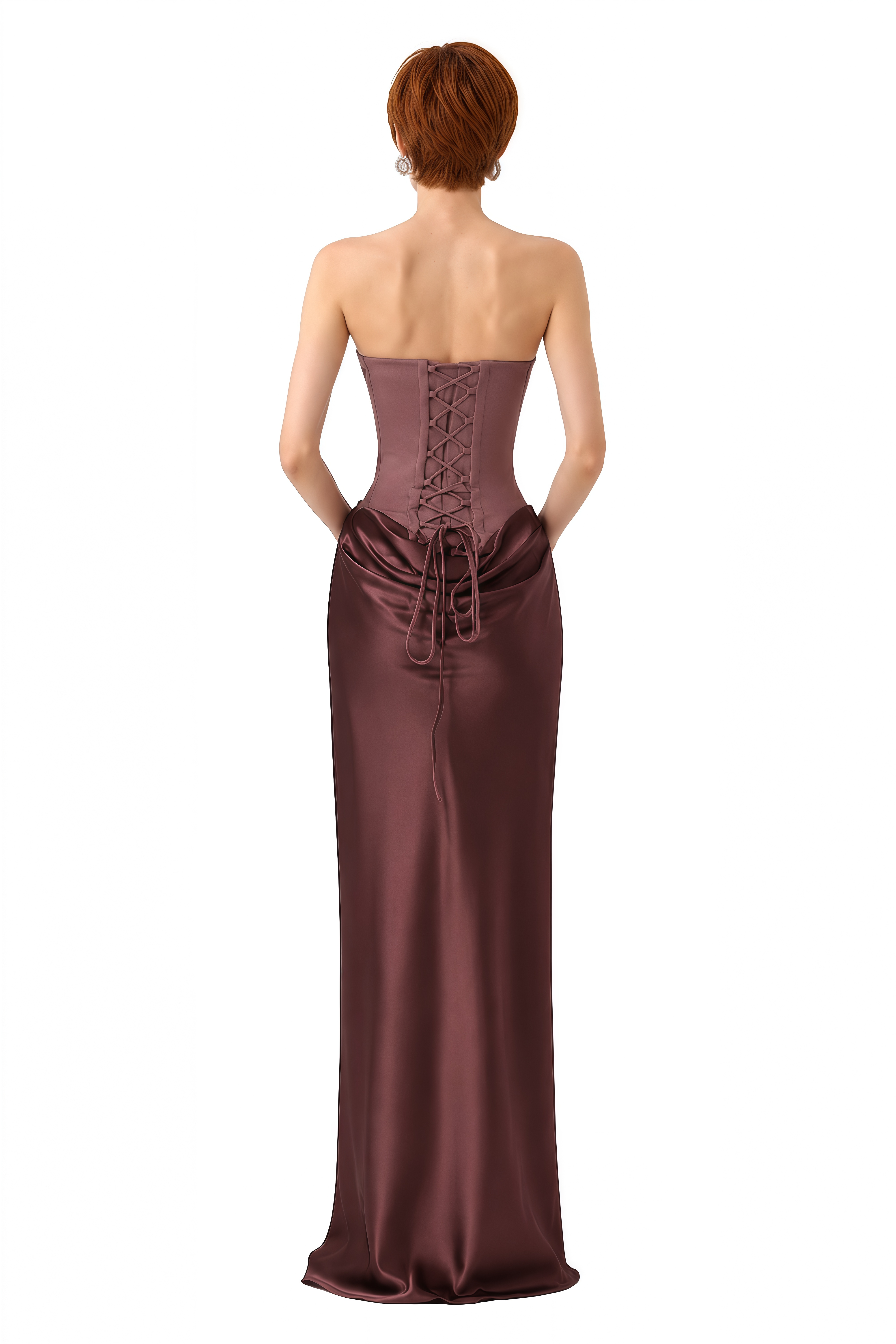 Amelie Brown Strapless Draped Maxi Dress