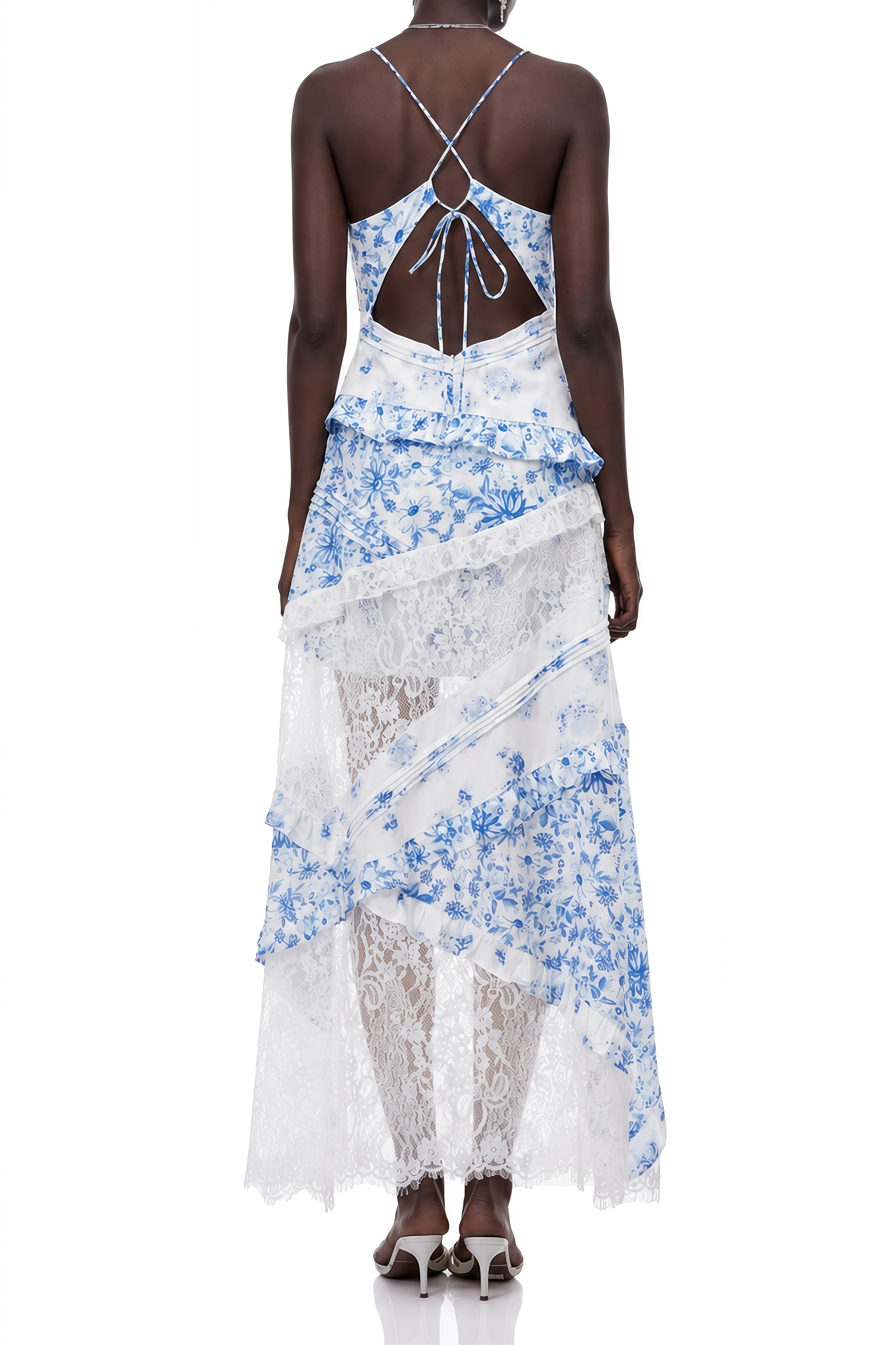 Amelia Blue Floral Print Ruched Maxi Dress