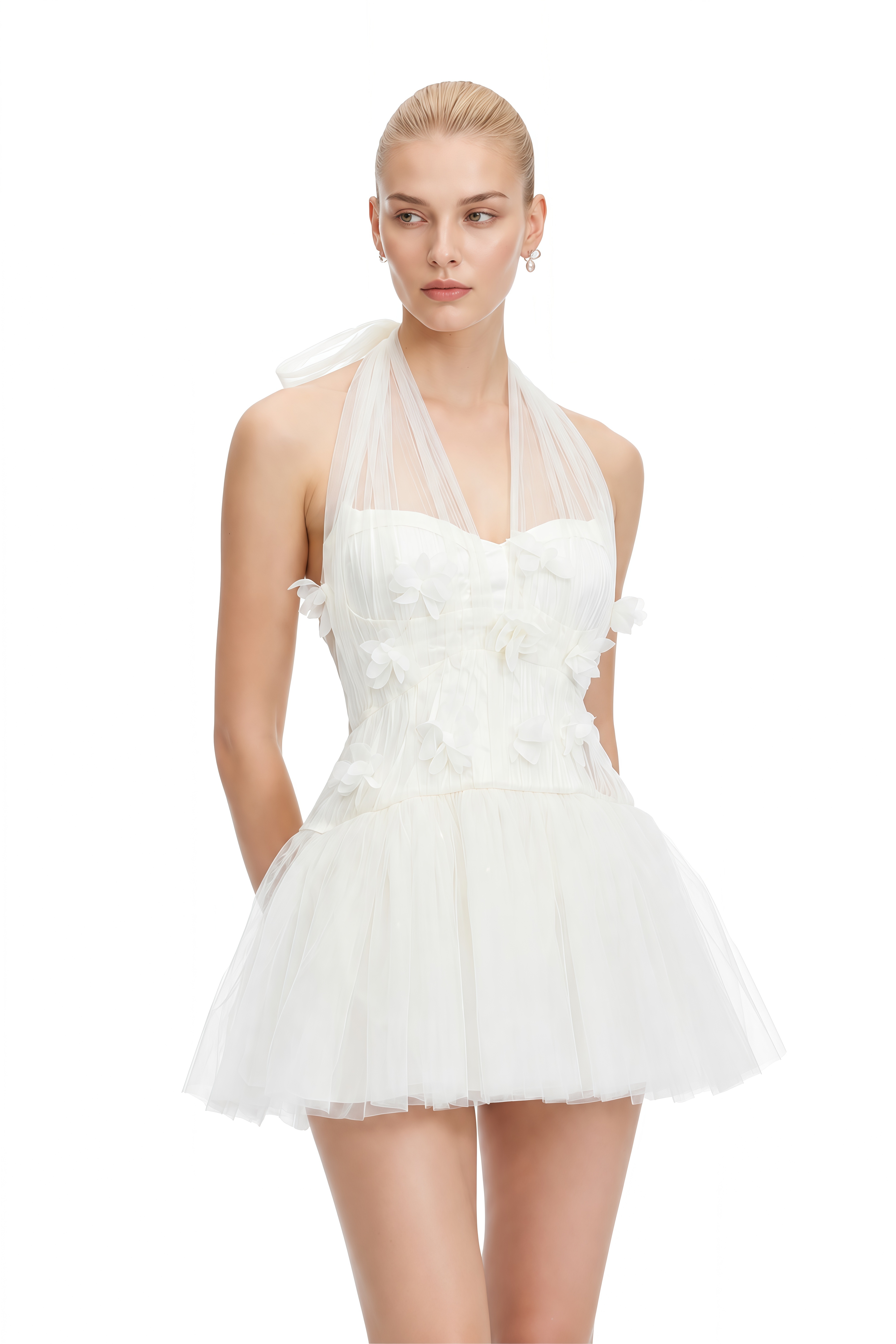 Theodora White Halterneck 3D Floral Mini Dress