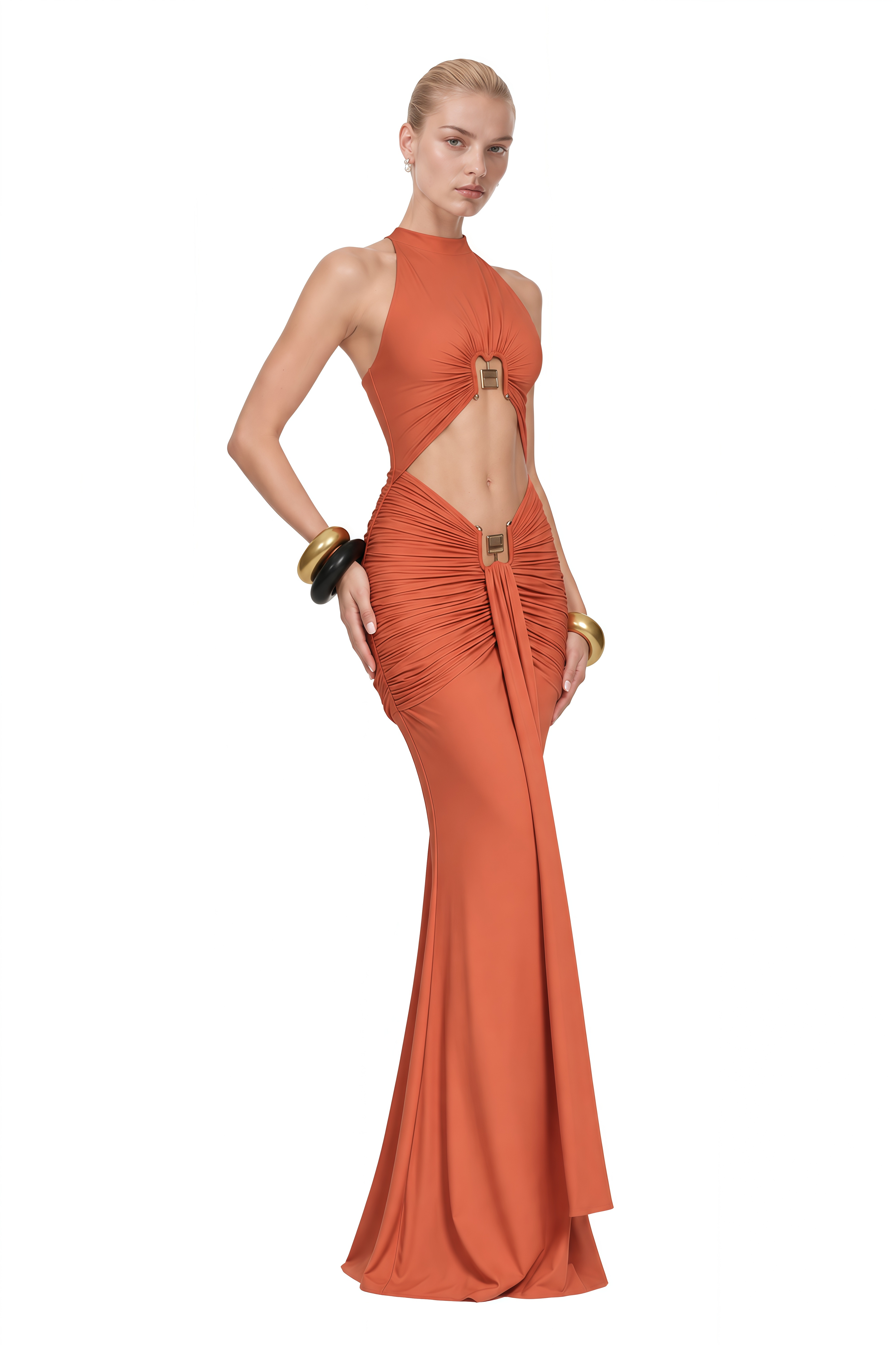Bronte Burnt Orange Halterneck Cut-Out Maxi Dress