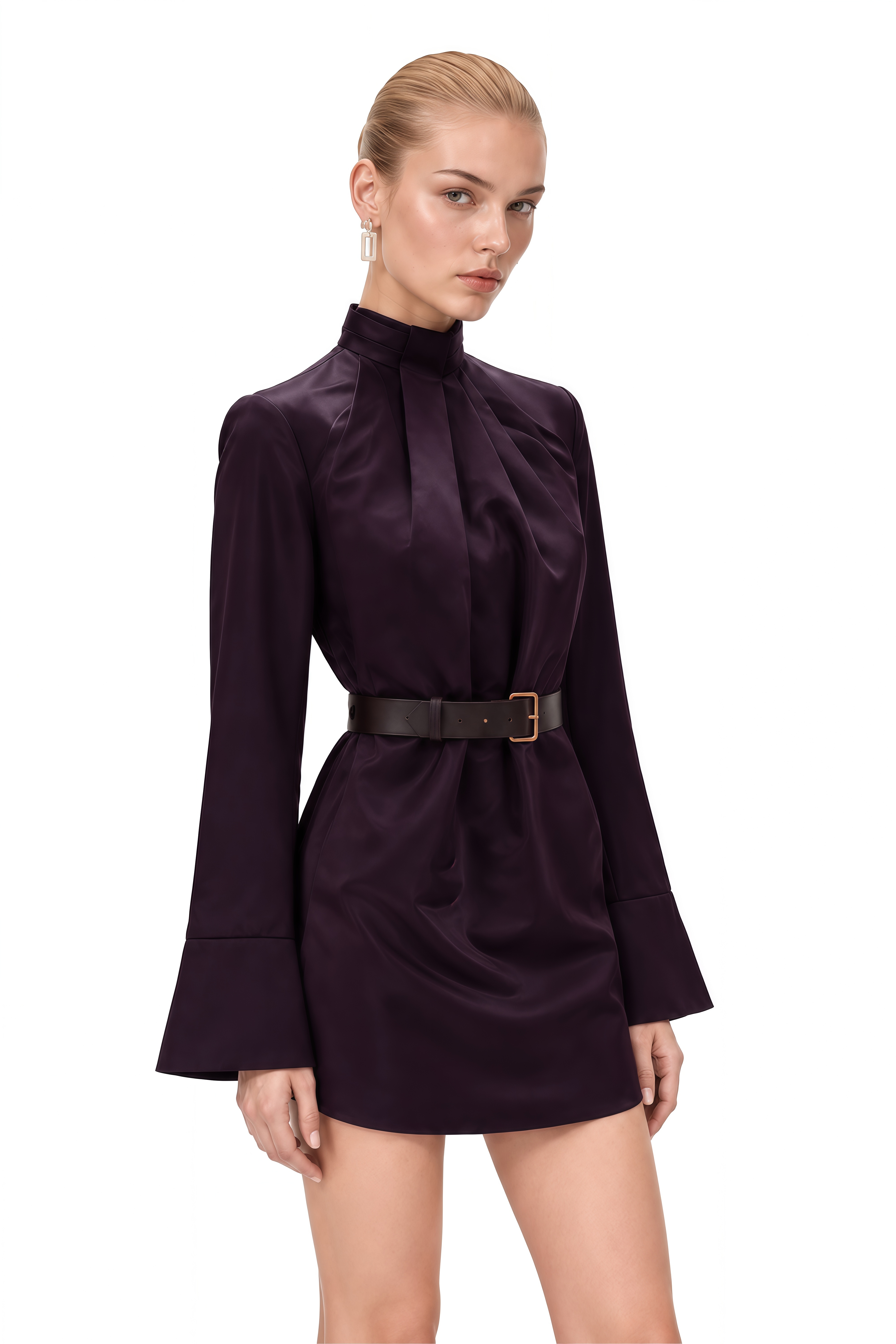Rosalie Purple Turtleneck Pleated Mini Dress 