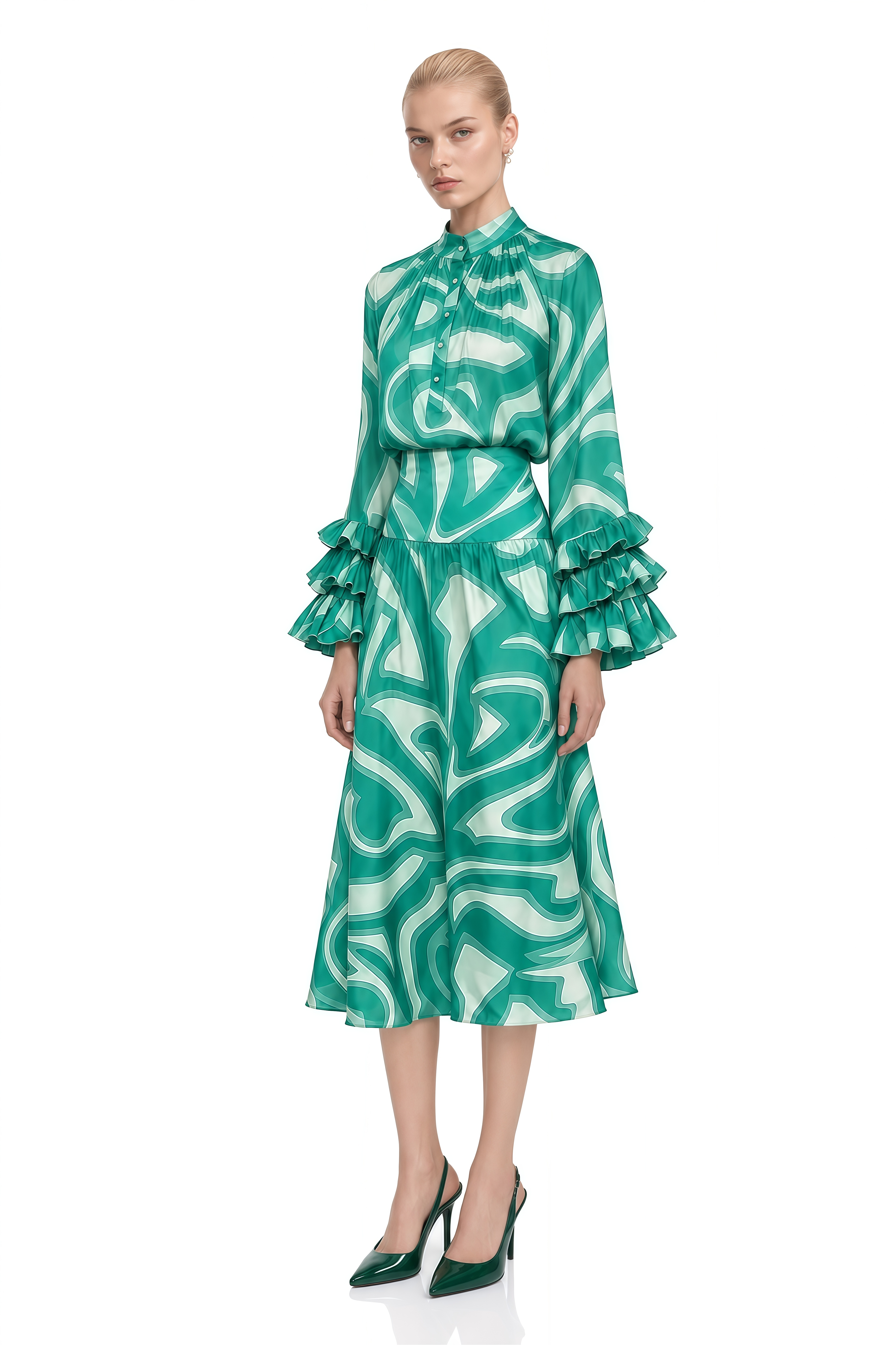 Felicity Green Abstract Print Ruffled Blouse & Skirt Set