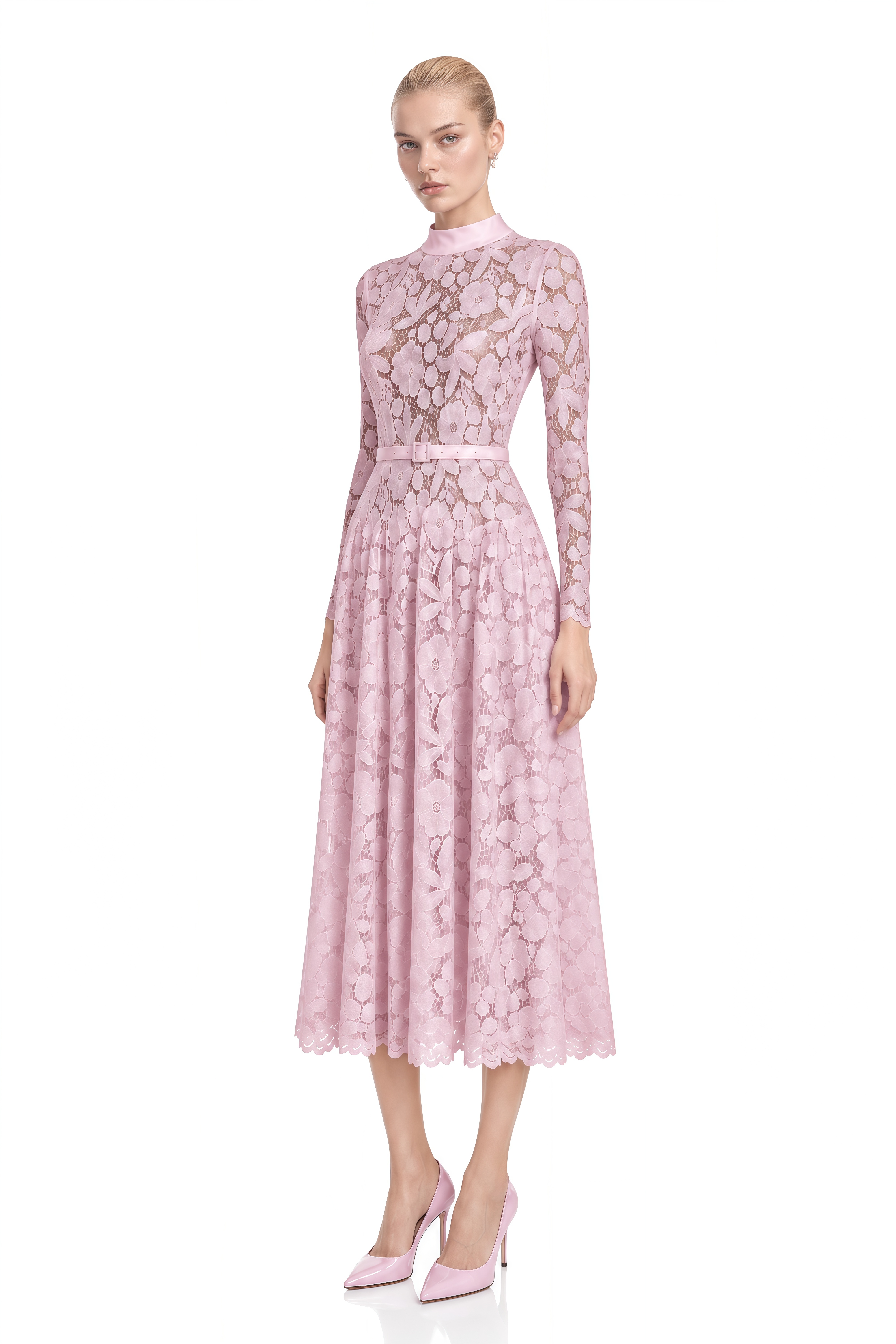Thalia Pink Turtleneck Floral Lace Midi Dress