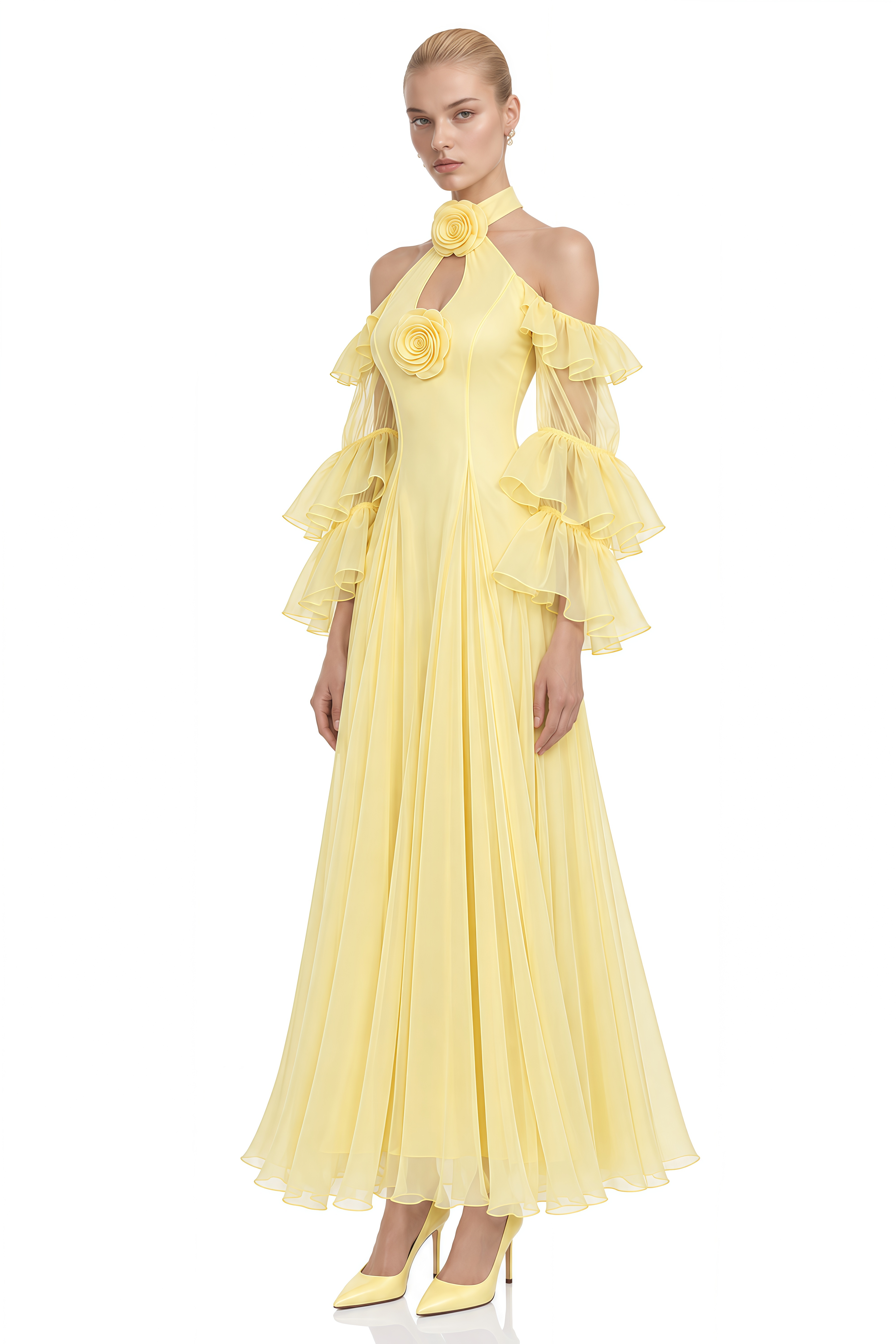 Ember Yellow Halterneck 3D Floral Maxi Dress