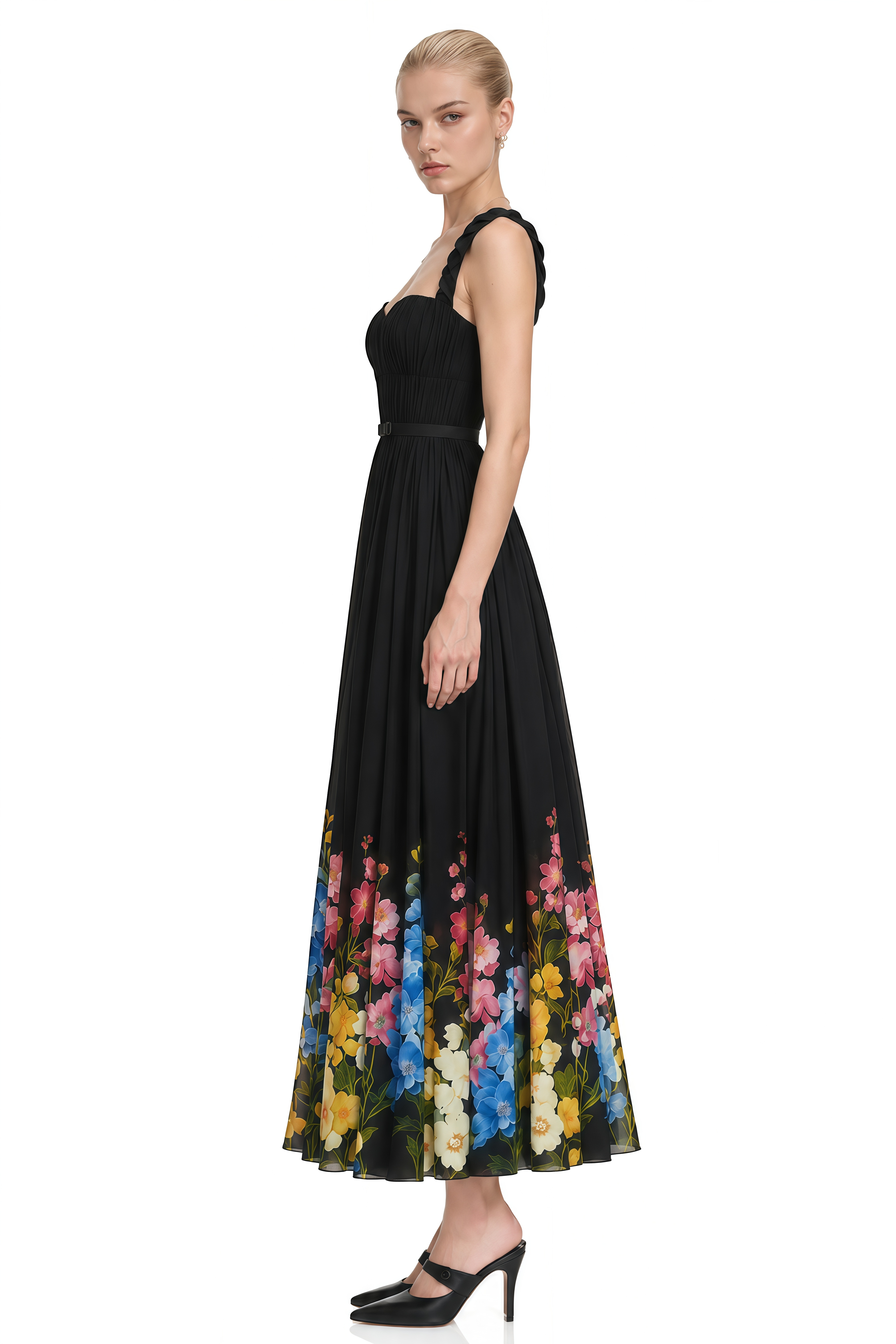 Cecilia Black Sweetheart Neck Floral Midi Dress