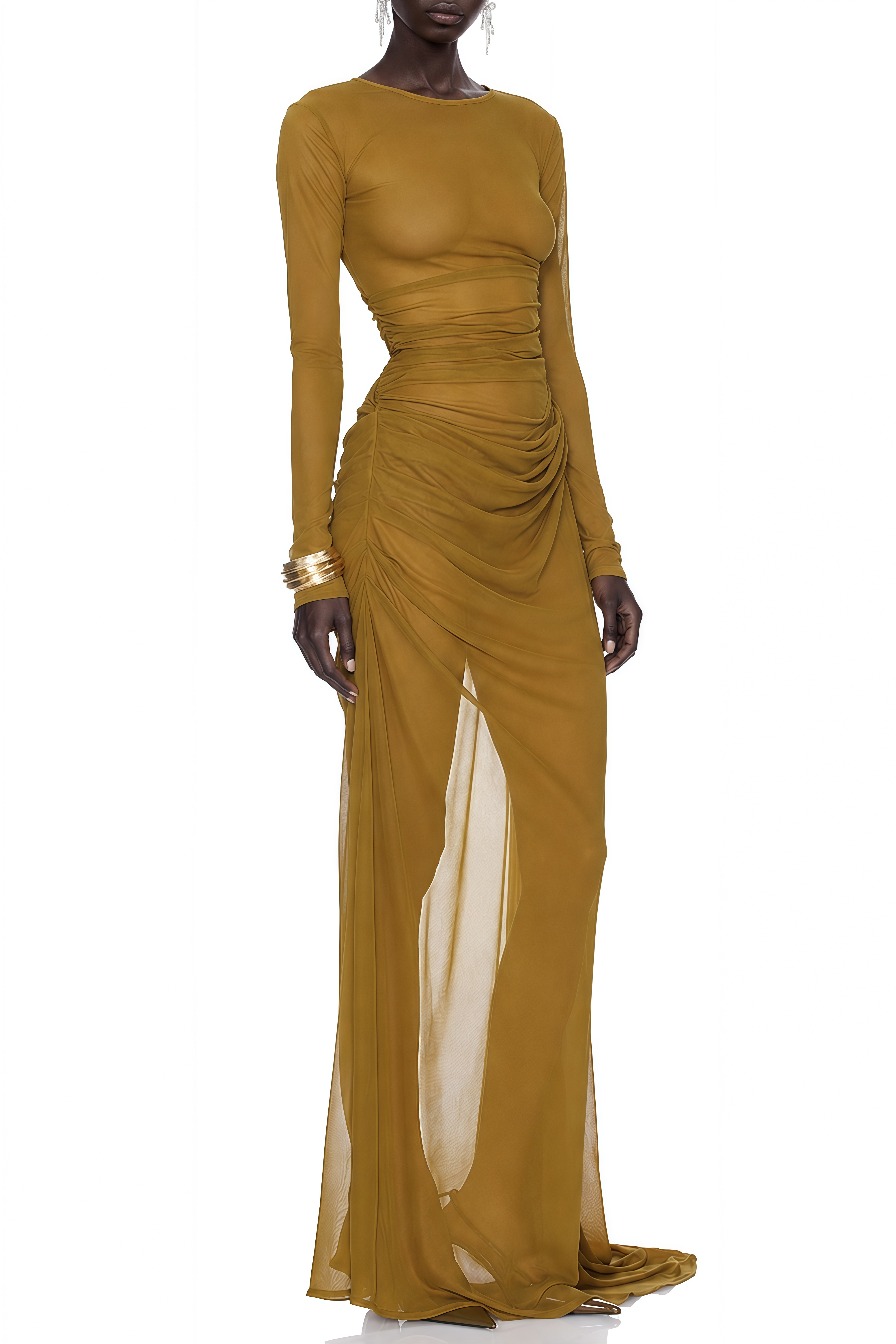 Margaux Olive Green Sheer Long Sleeves Maxi Dress